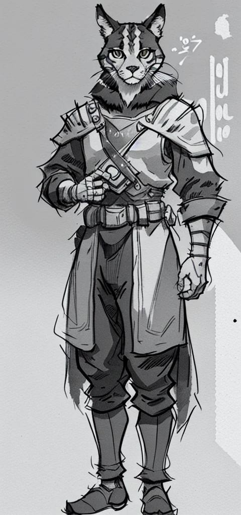 khajiit feminino jovem, ((sozinho)), single character concept art, Ilustra??o medieval de fantasia de RPG, escala de cinza, monocromatic, sem antecedentes_com um fundo branco puro, fundo simples, black and white art sketch