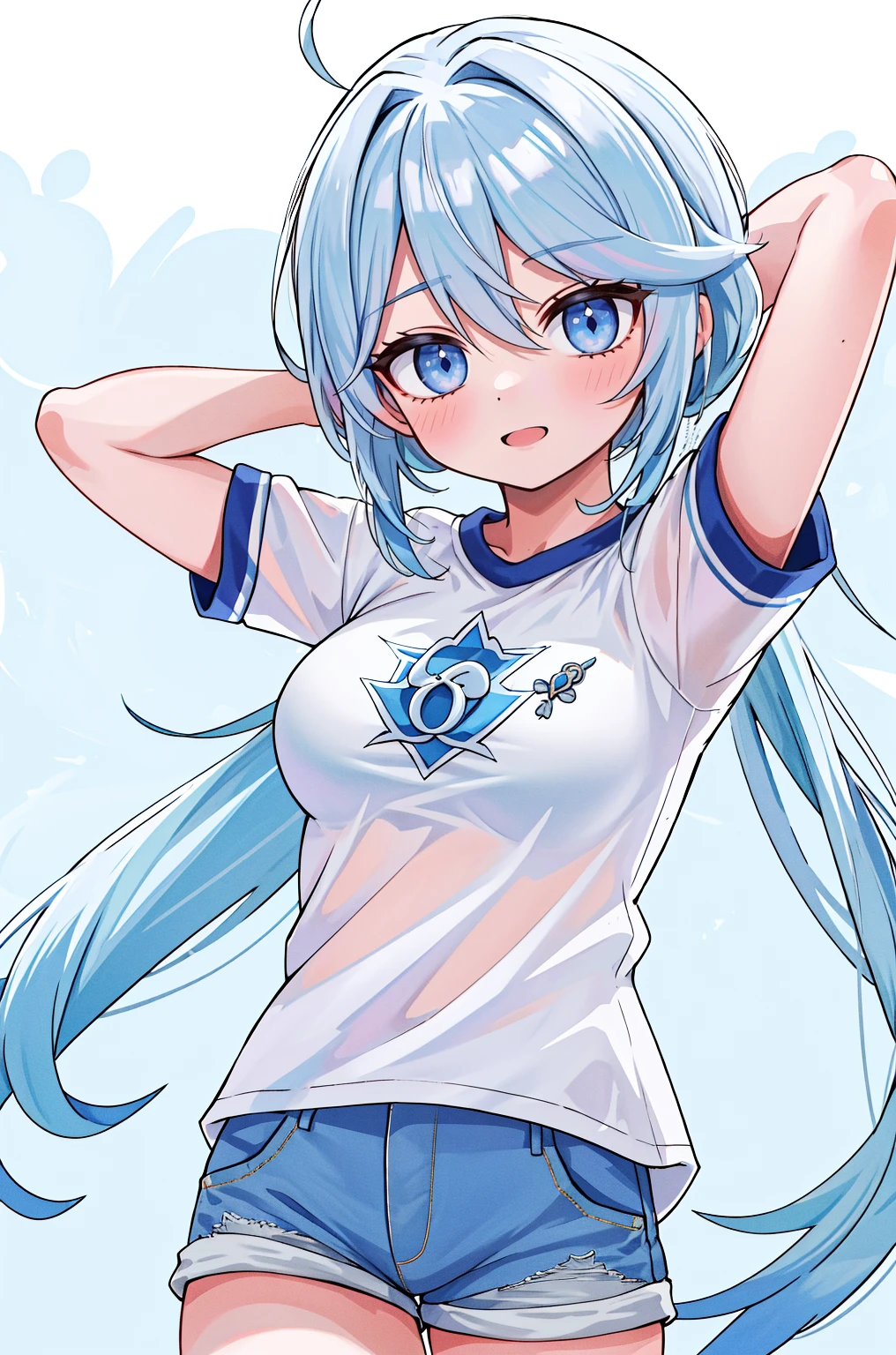 master part, best quality, ultra-detalhado), Focalors \(Impacto Genshin\), (cabelo azul do mar), franja varrida, pigtail, Braided bangs, olhos azuis, olhos azuis,
(vestindo uma camiseta:1.2), sentado em uma cadeira fora de caf, embracing natural beauty, sunlight, beautiful cloudy sky, cidade, Rua, denim shorts, meia preta,
medium breasts, coxas grossas, critical angle, cowboy shot, arm behind head, arm behind the back, Axilas, Sorriso leve, topo de corte, strong and seductive expressions