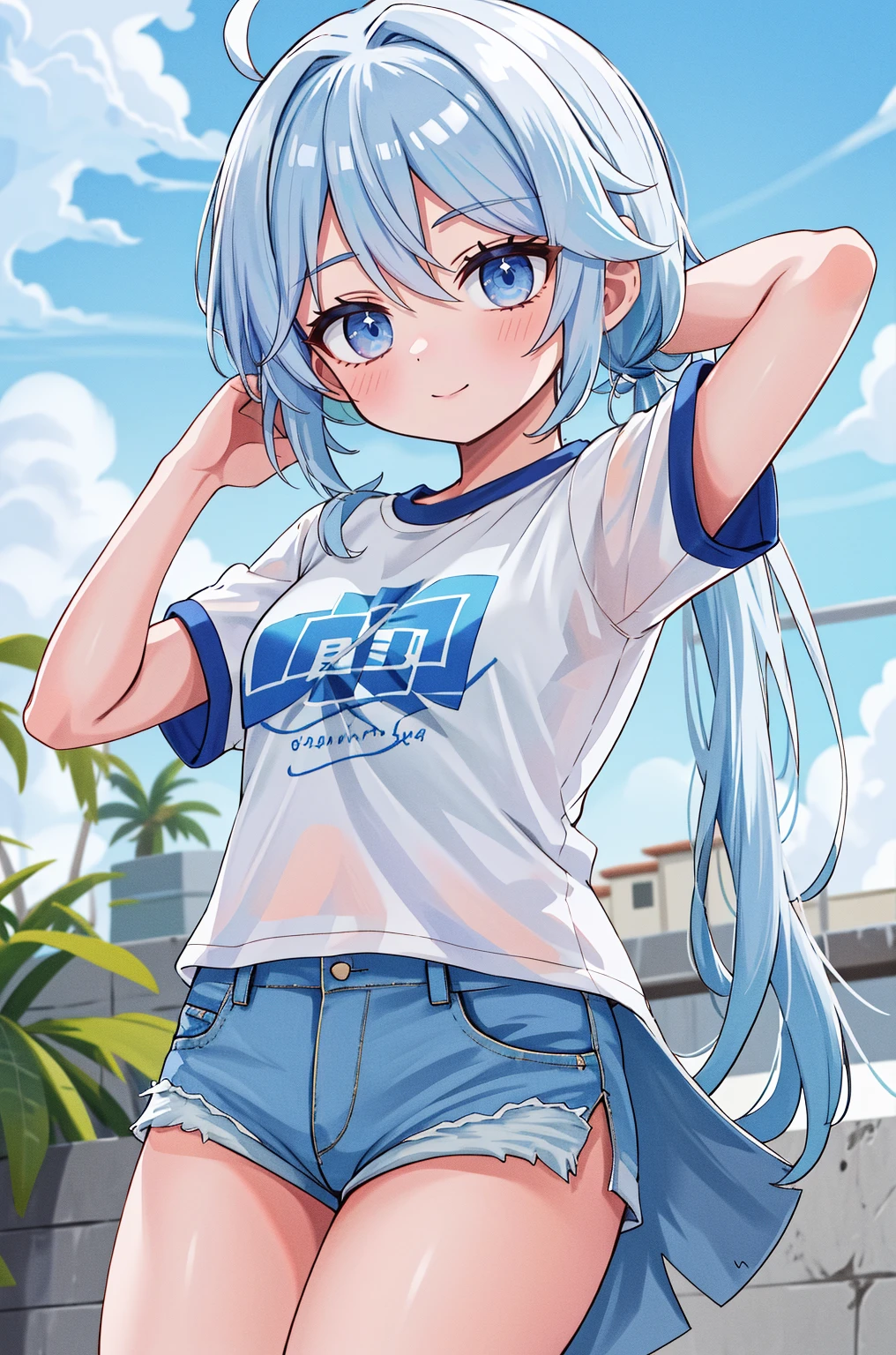 master part, best quality, ultra-detalhado), Focalors \(Impacto Genshin\), (cabelo azul do mar), franja varrida, pigtail, Braided bangs, olhos azuis, olhos azuis,
(vestindo uma camiseta:1.2), sentado em uma cadeira fora de caf, embracing natural beauty, sunlight, beautiful cloudy sky, cidade, Rua, denim shorts, meia preta,
medium breasts, coxas grossas, critical angle, cowboy shot, arm behind head, arm behind the back, Axilas, Sorriso leve, topo de corte, strong and seductive expressions