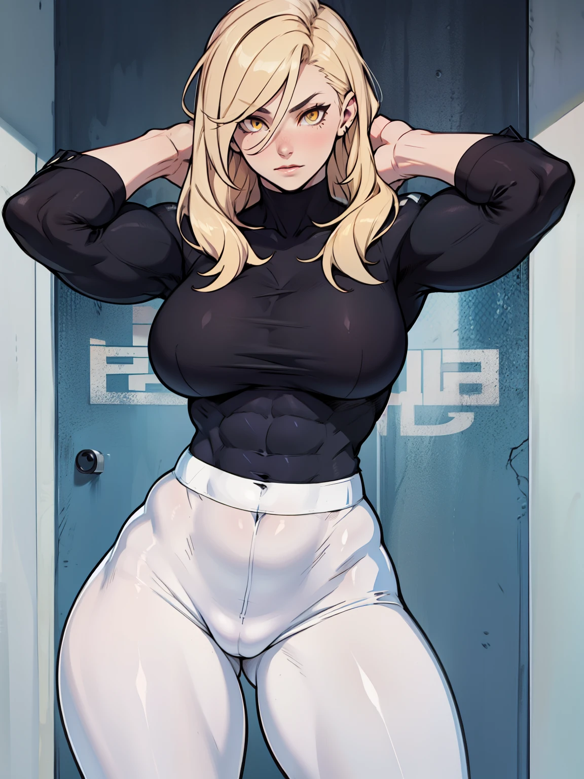 (1 girl muscular) yellow eyes large breasts pale skin tight shirt