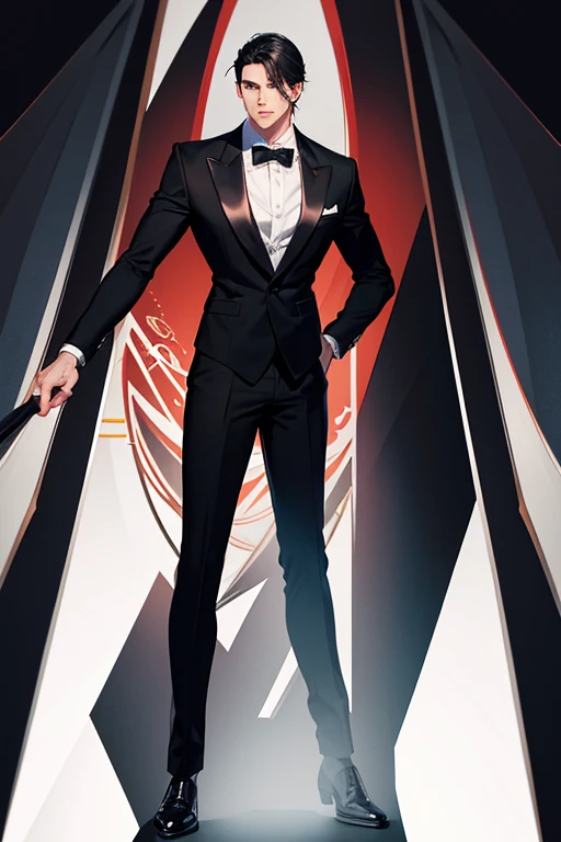 white man with jet black neat hair,Sharp dark eyes, 6 feet tall, lean athletic build, 26 years old, black tuxedo, red tie,