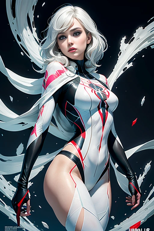 spider gwen, Hot, partial , hightquality, Dynamic Poses, Beautiful, Gorgeous, In love, White hair, Short suit, spider in a suit, white black red suit、Natalie portman