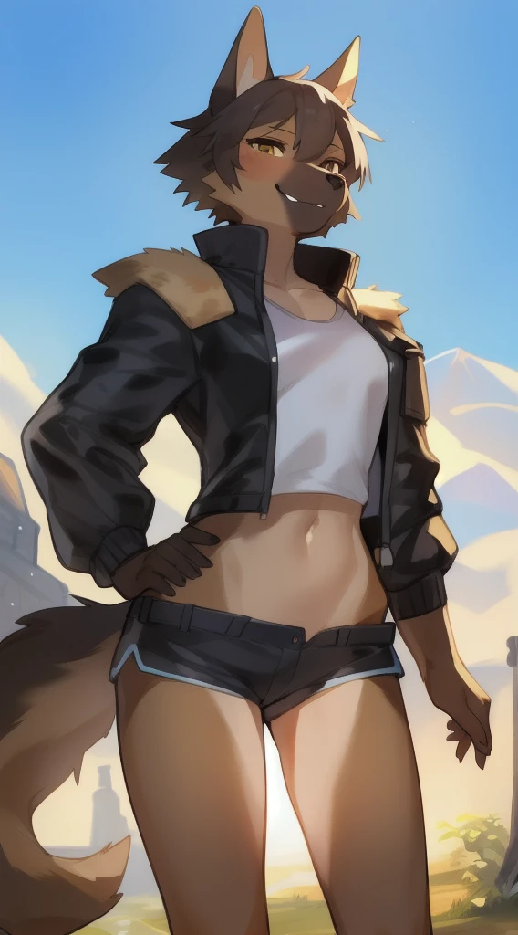 独奏, (A  girl:1.2), , eye liner, lips, Short shorts, long-sleeved jacket, Adventure Clothing, dnd, Author: Bebebebebe, Belgian Shepherd Groenendael, black fur color, Fluffy, Black lip gloss, Short Hair Hair, small waist, wide hips,  Slim, the perfect body, The dominant point of view, predatory smile, combat pose