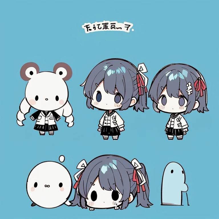 Type sheet, Character Sheets, Three types,Shot Full Body,Game Character Design,tmasterpiece, topquality, big mouth、technique'countenance、Massive sweat、whole body picture, 1girl in、jacket 、cartoon bone、 ,chibi:1,Chibichiara, Zanime Girl, cowboy shot, , Sleeves, Trimmed with ribbons,