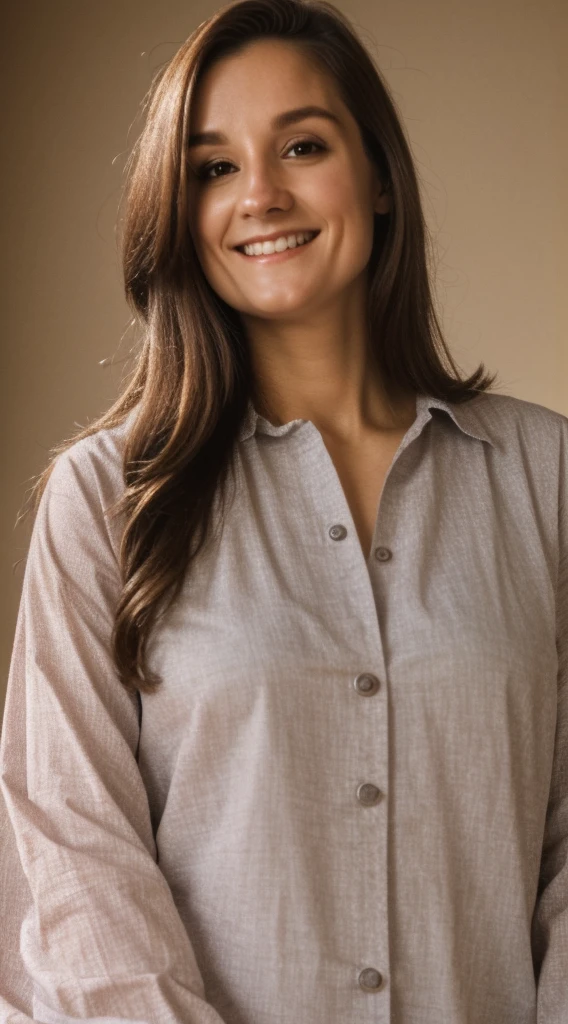 smiling woman with brown hair and a purple shirt and a brown jacket, stephanie welsh-katinka reinke-véronique meignaud-louise dalh wolfe-linn olofsdotter-jean james-sandra chevier-virginie ropars merged, entire body visible, full body, hyperrealistic, best quality, 8K, masterpiece, extremely intricate, detailed eyes, detailed face, detailed body, exaggerated features, pronounced features, fujifilm