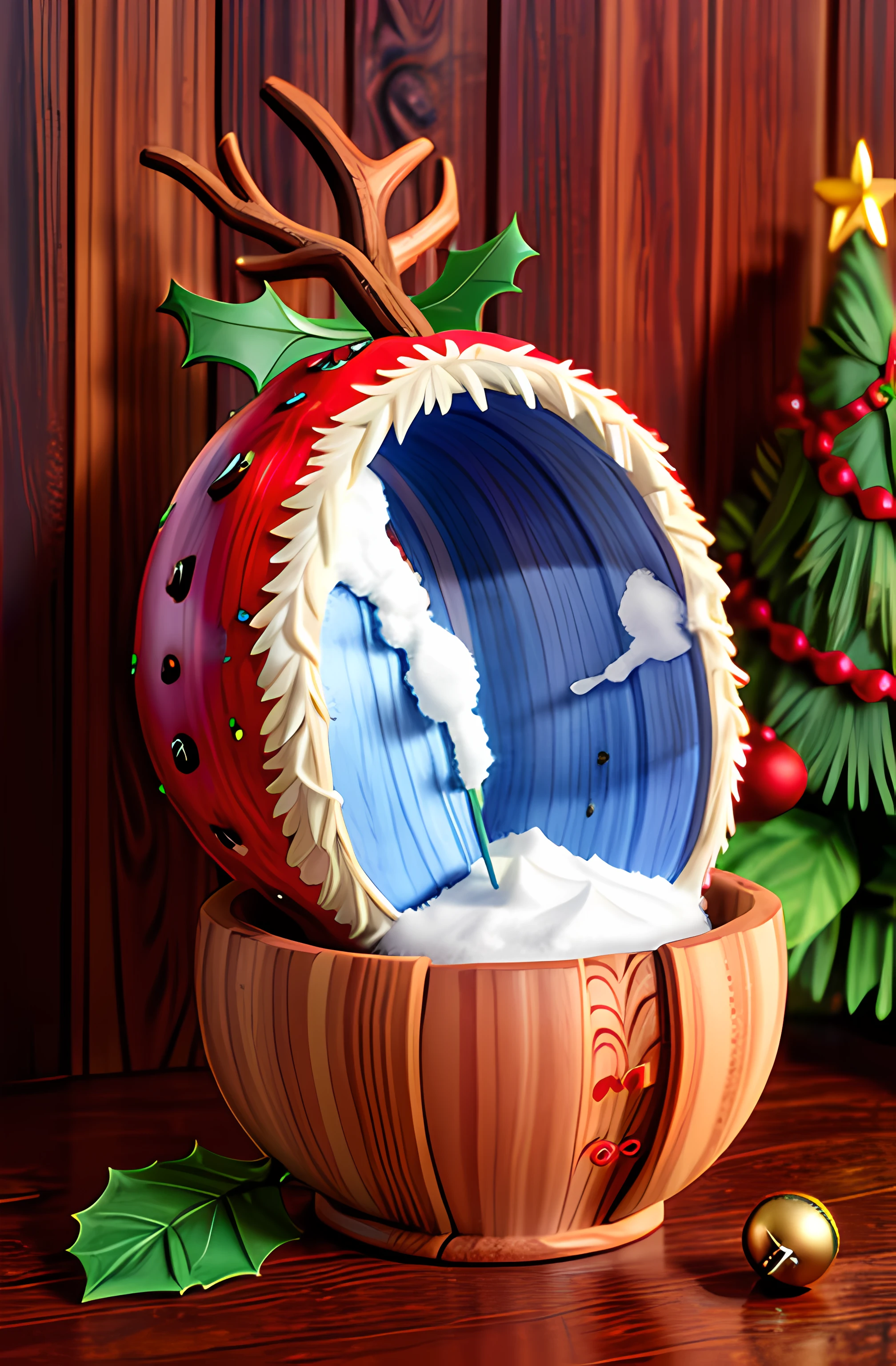 symmetrical wooden carved fruitynightmare cowberries , snow festive wood shavings, vibrant colorful wet paint, (Christmaackground octane render, unreal engine, highly detailed, intricate, highres high saturation