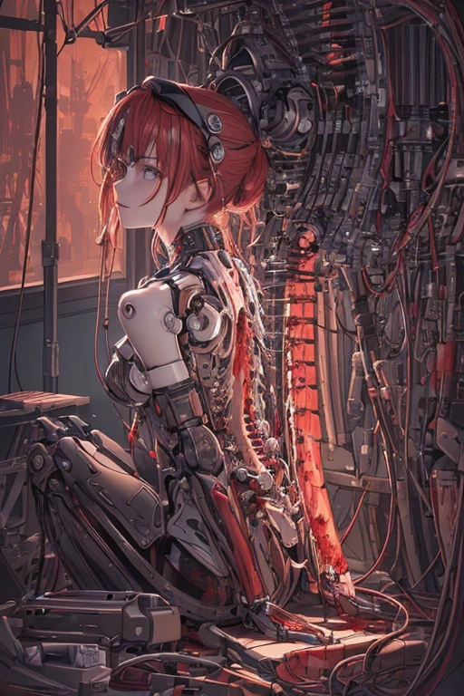 (masterpiece, top quality, best quality, official art, beautiful and aesthetic:1.2), (1girl:1.3), extreme detailed, colorful, highly detailed ((ultra-detailed)), (highly detailed CG illustration), ((an extremely delicate and beautiful)),(from side),cinematic light,((1mechanical girl)), solo, full body,(machine made joints:1.2),((machanical limblood vessels connected to her mechanical vertebra),((mechanical cervical attaching to neck)),(sitting),expressionless,(wires and cables attaching to neck:1.2),(wires and cables to her head:1.2)(character focus), wearing visor glasses, {{{holding a gun on her left hand}}}, short light red hair, science fiction, computers and screens background (Matrix),(blood:1.5)