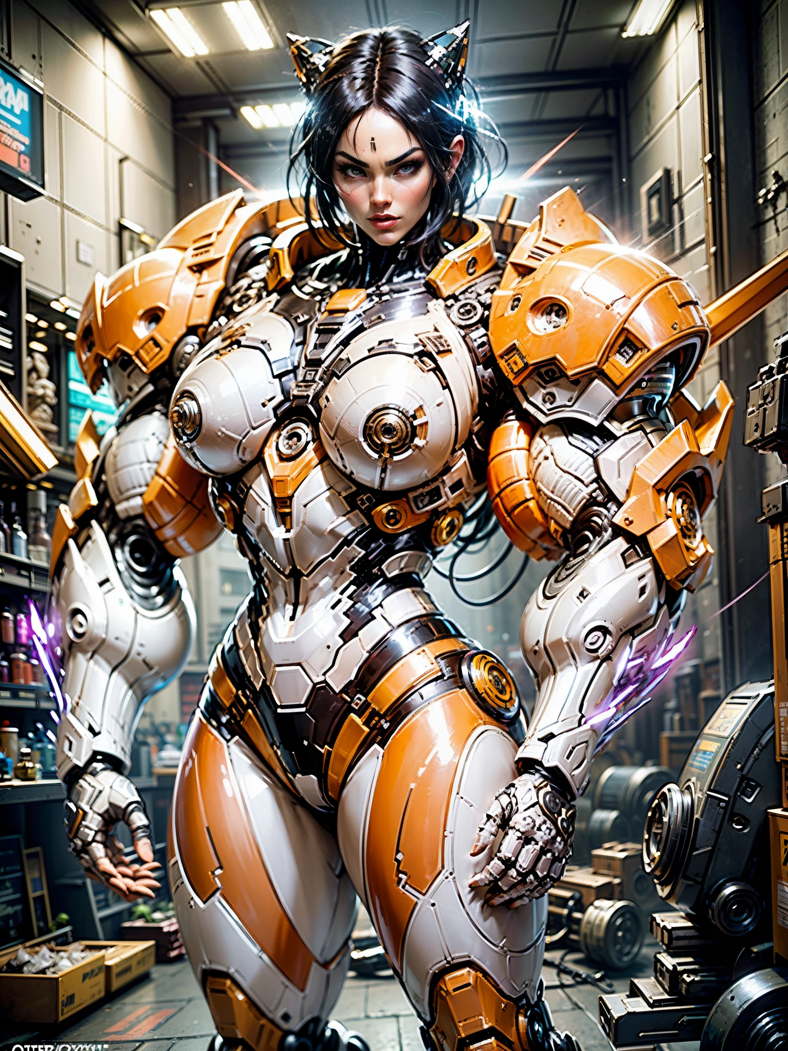 megan fox), (naked:1.25), Cinematic, hyper-detailed, black muscles with neon veins, perfect muscular anatomy of a bald super muscular sexy female android girl. Beautiful color grading, enhancing the overall cinematic feel. Unreal Engine renders her anatomic cybernetic muscle suit to life; mesmerizing. With depth of field (DOF), every detail is focused and accentuated, drawing attention to her eyes and the intricate design of the anatomic cybernetic muscle suit . Max image resolution, using super-resolution technology to ensure pixel perfection. Cinematic lighting enhances her aura, while anti-aliasing techniques like FXAA and TXAA keep the edges smooth and clean. Realistic raytracing with RTX technology for perfect rendering of the anatomic cybernetic muscle suit. Additionally, SSAO (Screen Space Ambient Occlusion) gives depth and realism to the scene, the girl's anatomic cybernetic muscle suit become even more realistic. In the post-processing and post-production stages, tone mapping enhancement creates a captivating visual experience. The integration of CGI (Computer-Generated Imagery) and VFX (Visual Effect brings out the anatomic cybernetic muscle suit's intricate features seamlessly. Incredible detail with, with intricate hyper maximalist and hyper-realistic elements meticulously crafted into the artwork. Volumetric effects add depth and dimension, with unparalleled photorealism. 8K image resolution render, ensuring super-detailed visuals. The volumetric lightning adds a touch of magic, highlighting her beauty and the aura of her anatomic cybernetic muscle suit in an otherworldly way. High Dynamic Range (HDR) technology makes the colors pop, adding richness to the overall composition. Ultimately, this artwork presents an unreal portrayal of a super muscled cybernetic female android