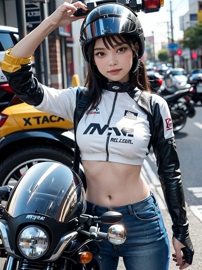 chica en una moto con casco de motociclista, solo se ven sus ojos, de noche, selfie, camisa de encaje ajustada, reveladora, pechos grandes, sexy