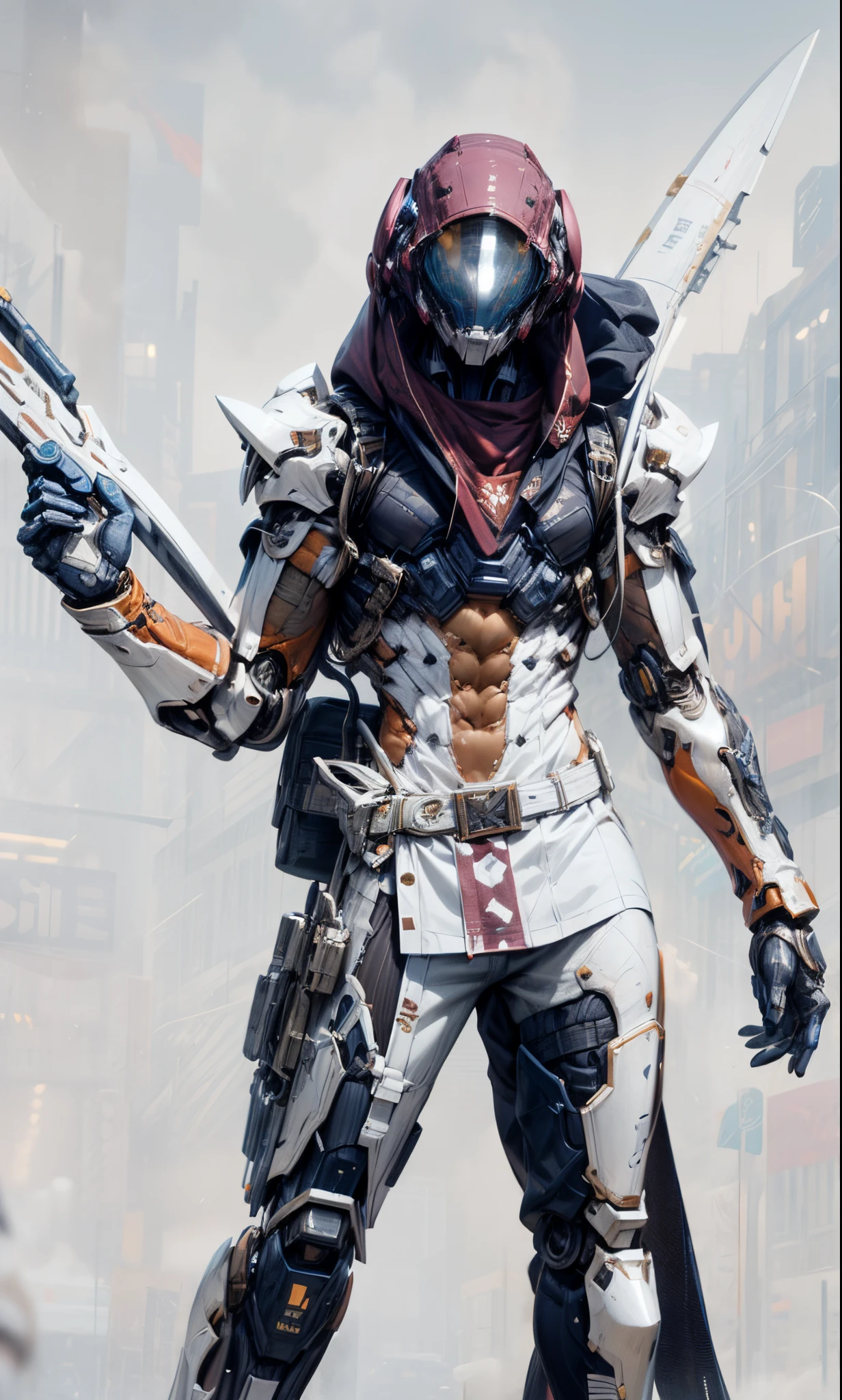 (((An epic and visually stunning digital anime masterpiece featuring a sylphlike masculine ((male:1.5)) decorated military dieselpunk cyborg soldier clad in a sleek yet tactical armored yet decorated leather military trench coat:1.2))), (((flat masculine male chest:1.5, full head covered by a mechanical mecha knight helmet with a narrow visor:1.5))), (((the character adorned in a (scifi tactical armored open front trench coat with a built in exoskeleton) (over a form fitted armor plated yet super sleek and revealing under suit with waist cut outs), the armor plating on the upper arms and shoulders beautifully engraved))):1.4. The image showcases the intricacies of the character’s armor and clothing:1.5, ((capturing their flamboyant essence and heavy mecha aesthetic:1.2)). The character also possesses an androgynous charm, (((with slim yet heavily muscled physique:1.2, sylphlike with a sleek waist, toned yet beautifully sleek cybernetic arms:1.3, mechanical arms and legs:1.3, mecha muscles:1.3))), looking at viewer, (((brass metal armor and brown leather, dieselpunk:1.3))), (((depth of field, cinematic lighting, chromatic aberration, ray tracing, UHD, masterpiece, no hair, super detail, high details, high quality, award winning, 8k, highres)))