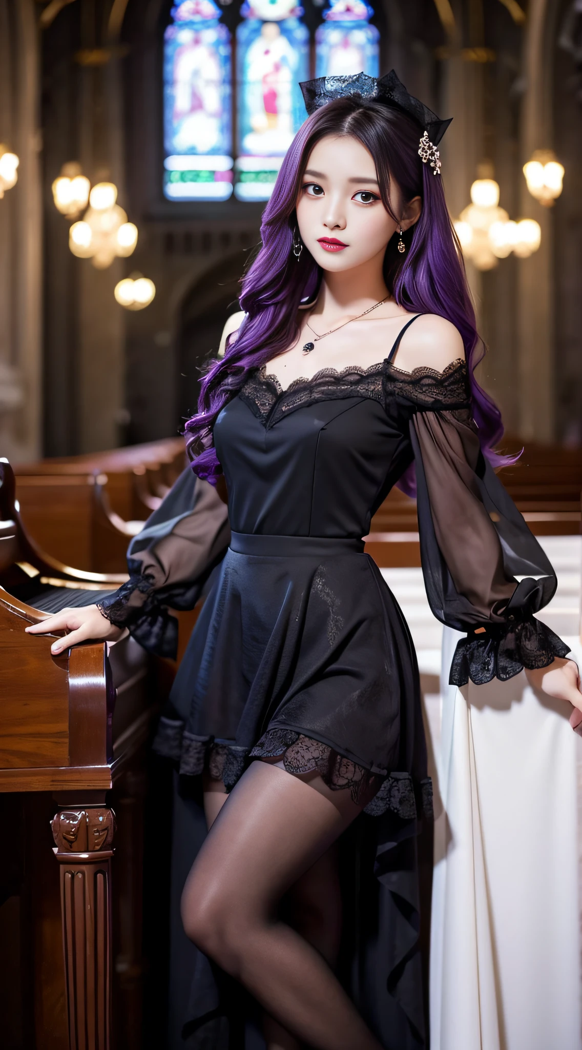 LTRA Details、Fascinating beauty、Dainty woman、Cool Girl、Wavy Hair、Black chiffon dress、Wide sleeves、flered skirt、Black pantyhose、Evil Female Executive、Evil Fall、brainwash、lacy fabric、Glossy legs、black lipstick、Evil look、Suspicious look、Hollow eyes、wicked、Reaching out、Arms up、In the Church、Palm forward、Purple Lipstick、Pendants、playing piano