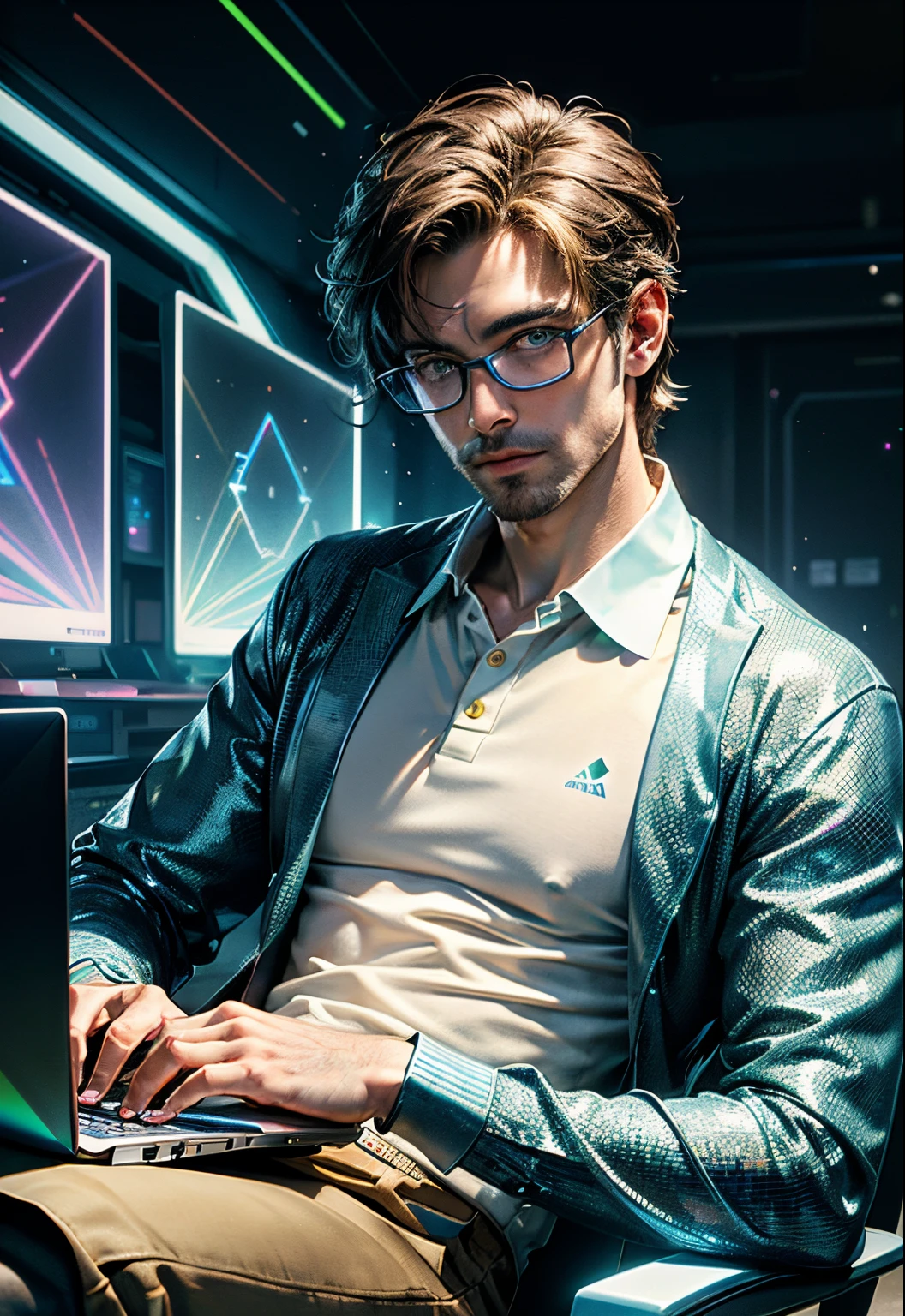 PERFECT MASTERPIECE, EXTREMELY DETAILED CG UNITY 32K UHD QUALITY RESOLUTION, RAW PHOTO, AWARD-WINNING PORTRAIT, OFFICIAL ART, PHOTOREALISTIC, PHOTOGENIC CLARITY, HYPER-REALISTIC, HYPER-DETAILED, The most handsome and dashing businessman, short brown hair, vibrant moonlight eyes, chiselled jaw, wearing glasses polo shirt and khakis, sitting at his laptop, working at his laptop, confident determined and intrigued facial expression, ((hyper futuristic holographic matrix style coding illuminating from his laptop))((hyper futuristic holographic matrix coding style background, he is surrounded by futuristic holographic matrix style coding, perfect vibrant primary blue, neutral ivory, neutral navy and accent green color theme, perfect color scheme 1.3))