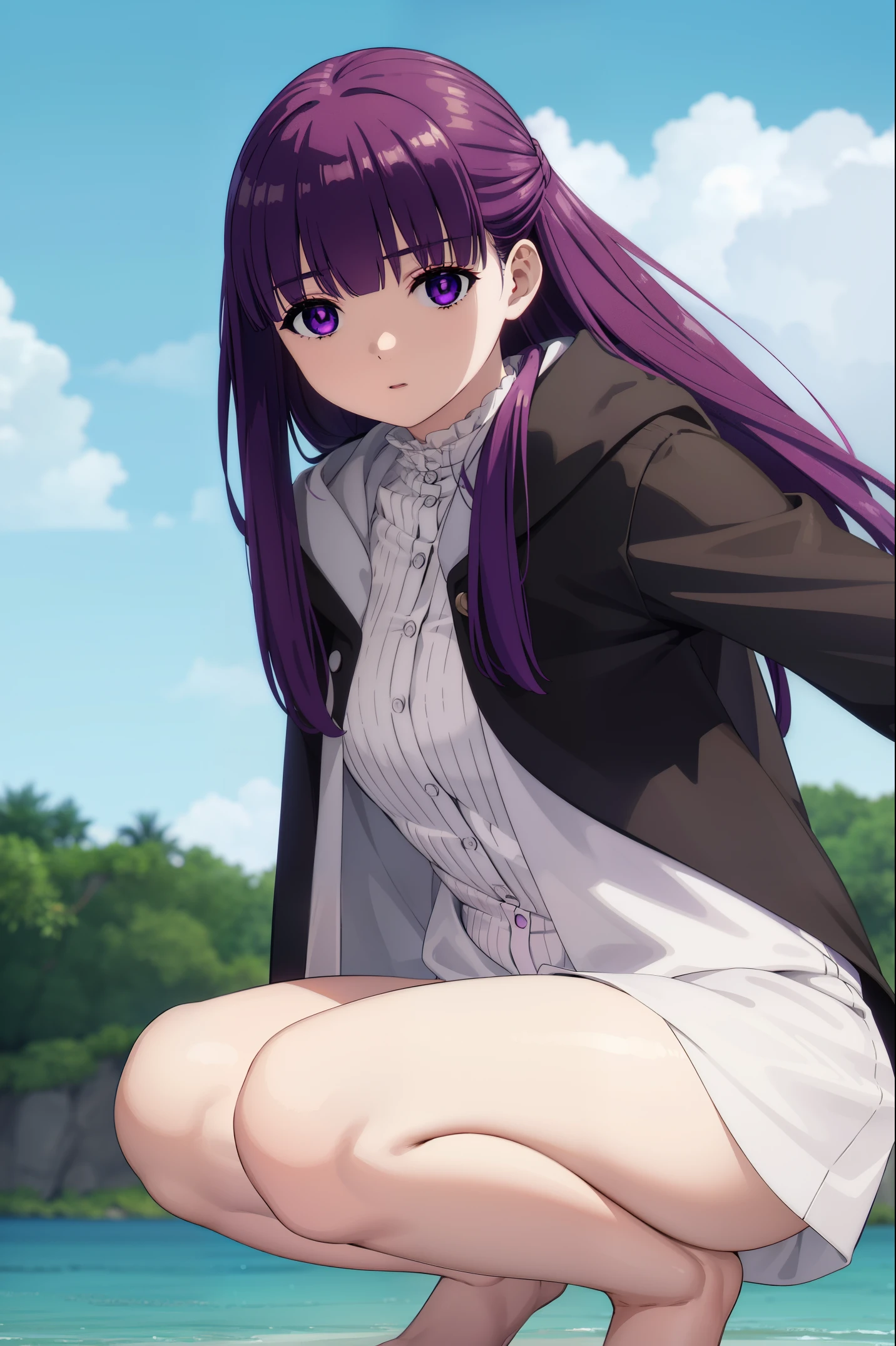 NSFW,1boy,1girl,fellatio,masterpiece,fern, fern, long hair, bangs, (purple eyes:1.1), purple hair, sidelocks, blunt bangs, bright pupils, half updo,
BREAK shirt, dress, jacket, white shirt, open clothes, hood, white dress, hood down,
BREAK looking at viewer, upper body, (full body:1.2),
BREAK outdoors, sky, nature,
BREAK (masterpiece:1.2), best quality, high resolution, unity 8k wallpaper, (illustration:0.8), (beautiful detailed eyes:1.6), extremely detailed face, perfect lighting, extremely detailed CG, (perfect hands, perfect anatomy), (floating  over a lake2.0)