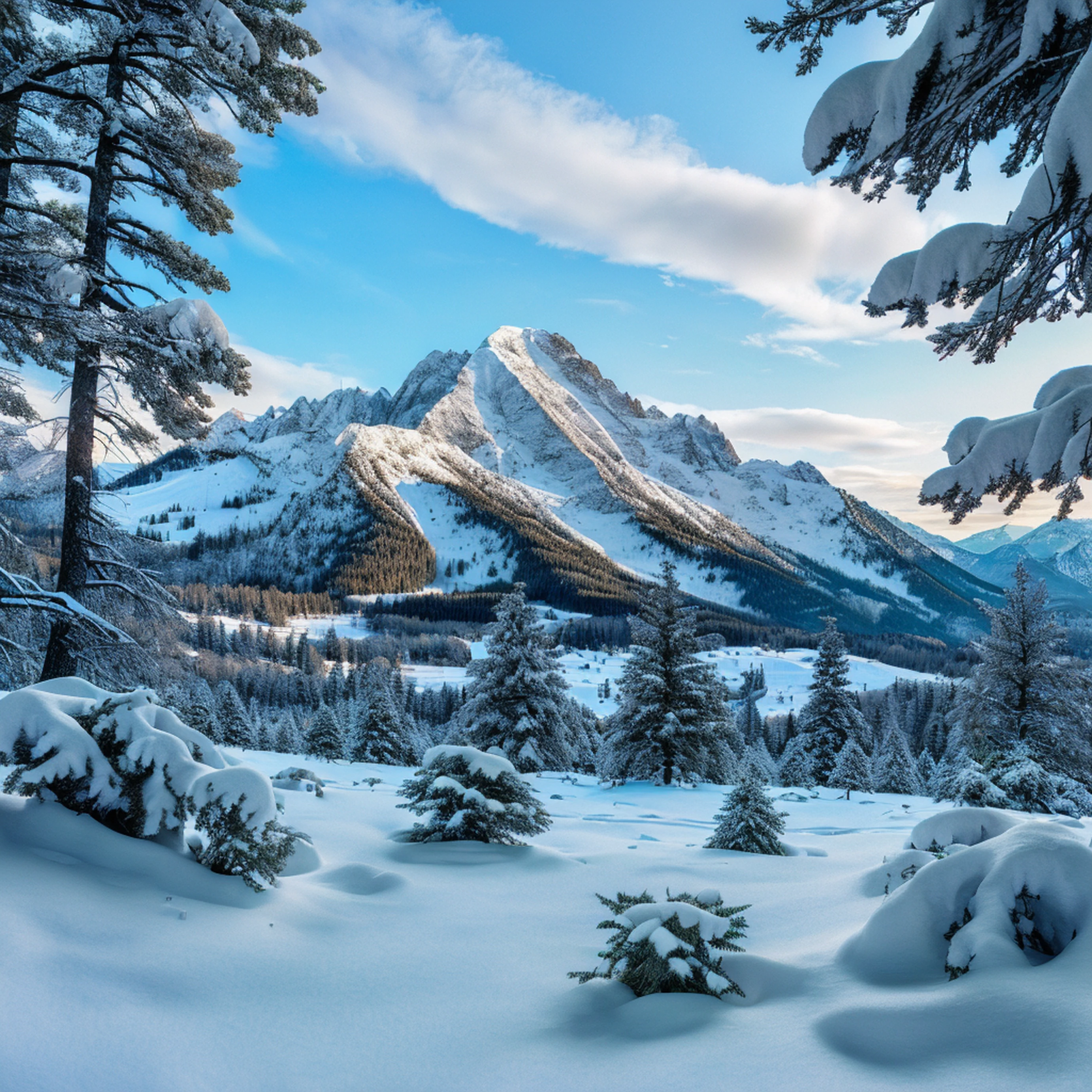 landscape of a mountain valley, ((pines at the foot of the mountains)), ((snow on the peak of the mountains)), cinematic, 8k, detailed, realistic, octane render, (((intricate details)), hdr, ((intricate details, hyperdetailed)), photorealistic, ultrarealistic, realistic shadows, realistic lighting