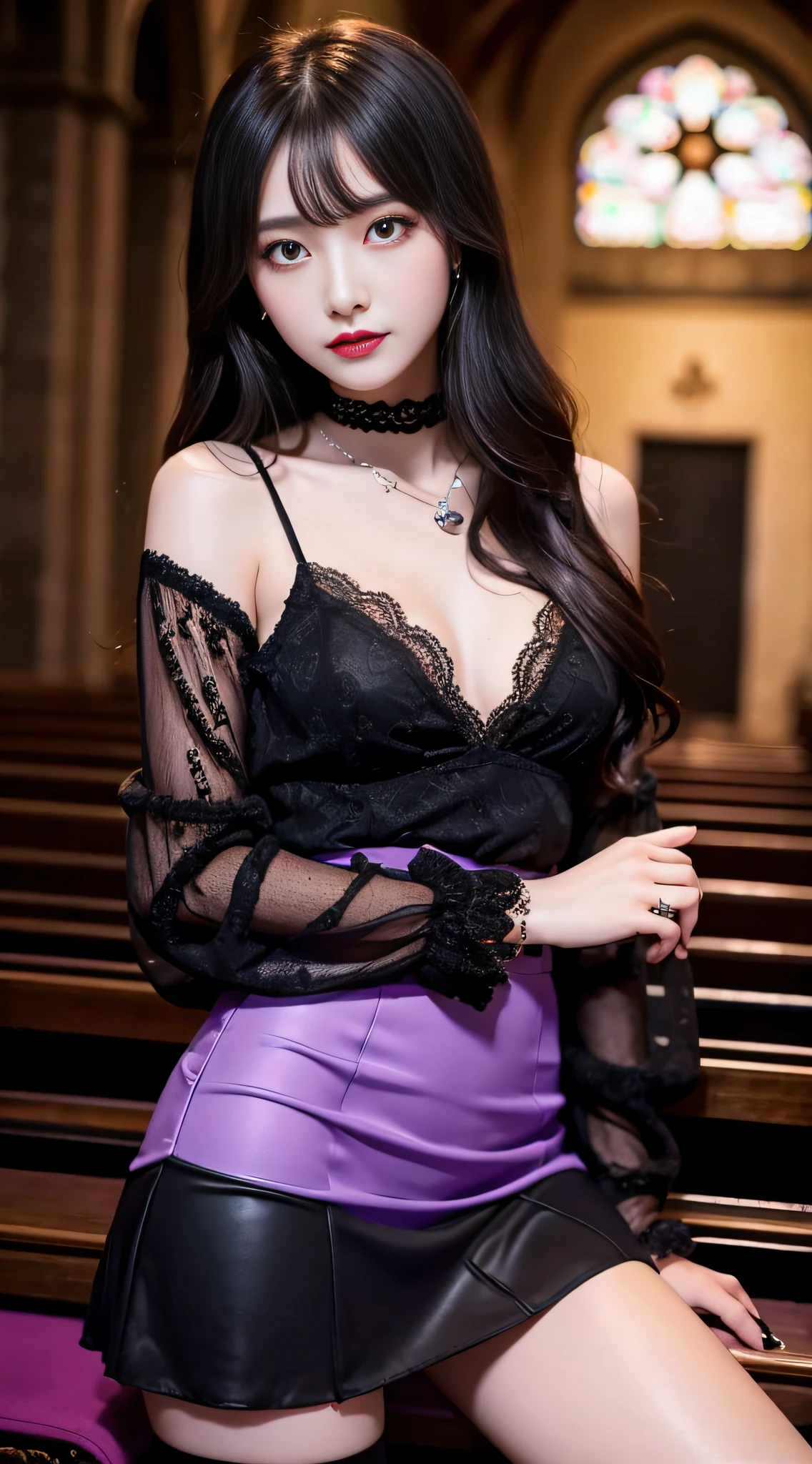 LTRA Details、Fascinating beauty、Dainty woman、Cool Girl、Wavy Hair、Black chiffon dress、Wide sleeves、flered skirt、Black pantyhose、Evil Female Executive、Evil Fall、brainwash、lacy fabric、Glossy legs、black lipstick、Evil look、Suspicious look、Hollow eyes、wicked、Reaching out、Arms up、In the Church、Palm forward、Purple Lipstick、Pendants、playing piano