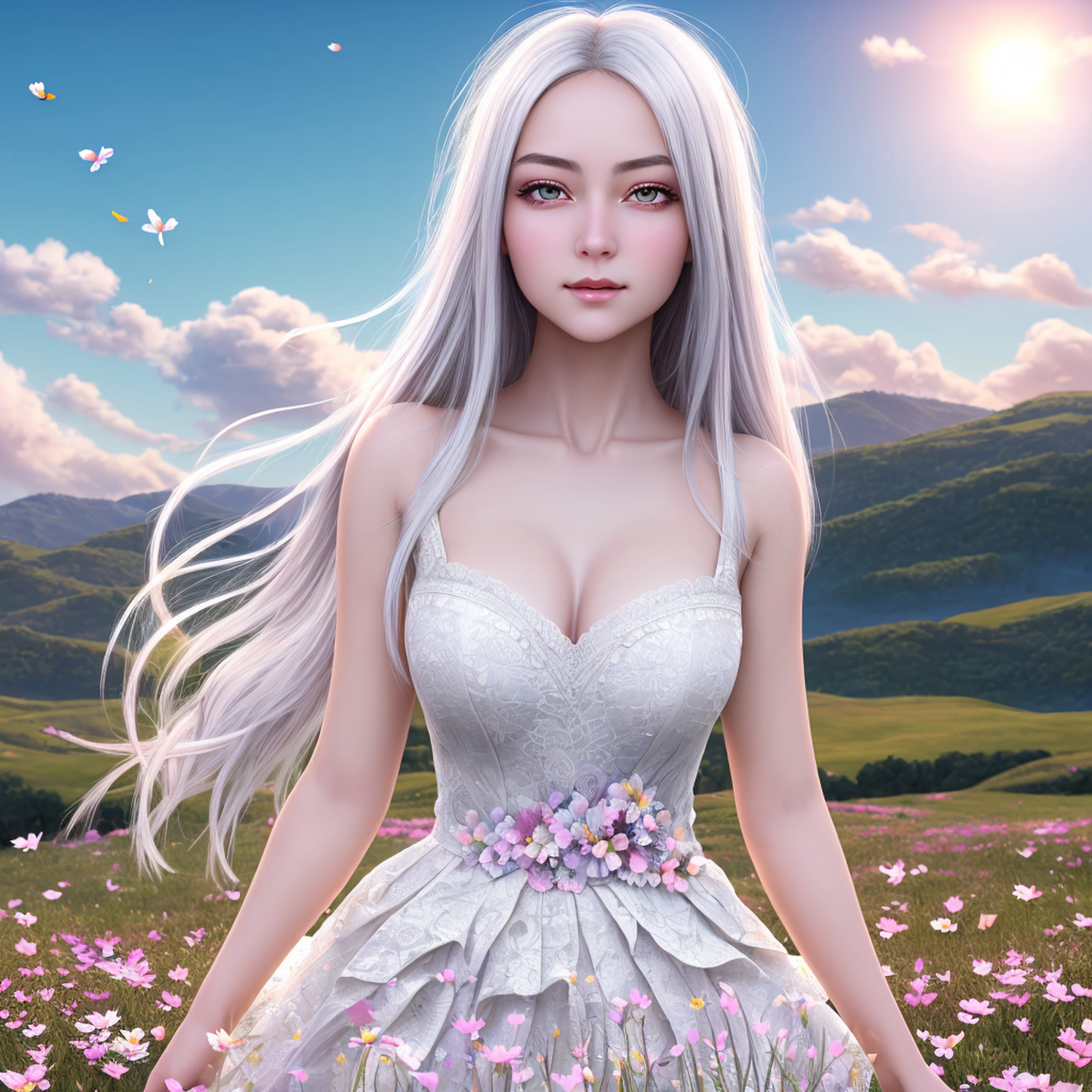 masterpiece, best quality,, 1girl, (colorful),(finely detailed beautiful eyes and detailed face),cinematic lighting,bust shot,extremely detailed CG unity 8k wallpaper,white hair,solo,smile,intricate skirt,((flying petal)),(Flowery meadow), sky, cloudy_sky, building, moonlight, moon, night, (dark theme:1.3), light, fantasy,