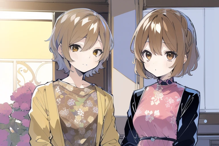 official arts, Masterpiece of a European woman's face, Short hair, Light-brown hair, Brown eyes , Flower Garden , (tmasterpiece、topquality、hight resolution: 1.4),in 8K, Drawing of a woman with short light brown hair., anime art nouveau, highly detailed exquisite fanart, anime fantasy illustration, clean detailed anime art, detailed anime art, sharp-focus, Delicate beautiful hair, Eye, realisitic, ultra-detailliert, handsome girl, Sunlight