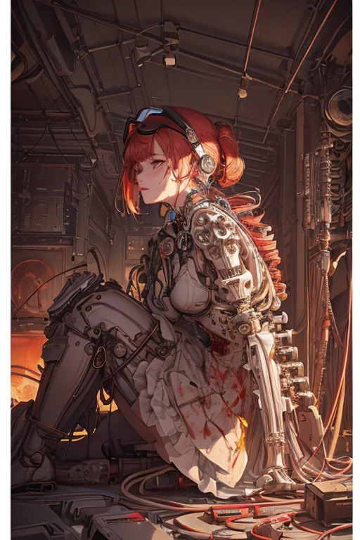 (masterpiece, top quality, best quality, official art, beautiful and aesthetic:1.2), (1girl:1.3), extreme detailed, colorful, highly detailed ((ultra-detailed)), (highly detailed CG illustration), ((an extremely delicate and beautiful)),(from side),cinematic light,((1mechanical girl)), solo, full body,(machine made joints:1.2),((machanical limblood vessels connected to her mechanical vertebra),((mechanical cervical attached to her neck)),(sitting attached to a huge Canon),expressionless,(wires and cables attaching to neck:1.2),(wires and cables to her head:1.2)(character focus), wearing visor glasses, {{{holding a gun on her left hand}}}, short light red hair, science fiction, computers and screens background (Matrix style),(blood:1.5), SFW