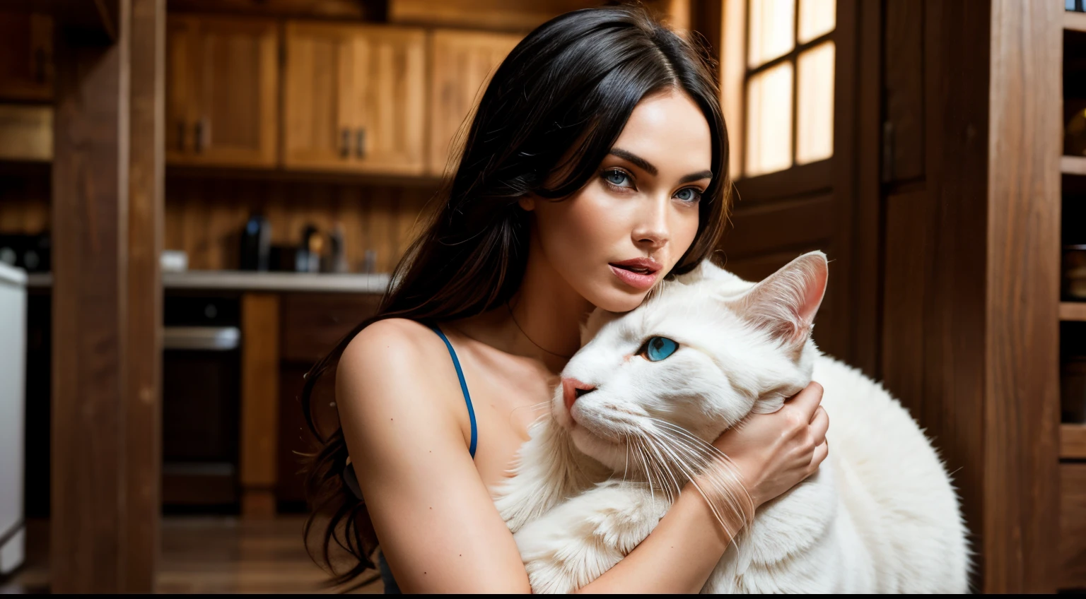 a very detailed image, its central focus will be a beautiful woman with black hair and blue eyes like the actress Megan Fox, this woman must be hugging a giant white cat, in a rustic style house