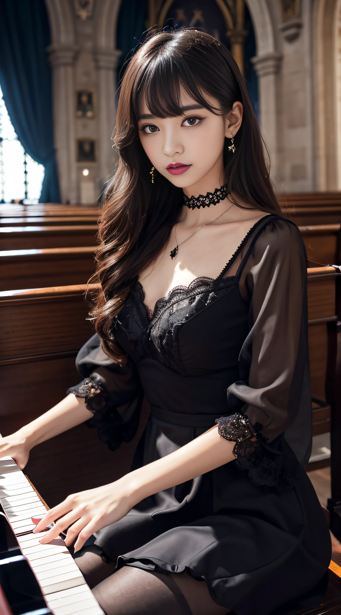 LTRA Details、Fascinating beauty、Dainty woman、Cool Girl、Wavy Hair、Black chiffon dress、Wide sleeves、flered skirt、Black pantyhose、Evil Female Executive、Evil Fall、brainwash、lacy fabric、Glossy legs、black lipstick、Evil look、Suspicious look、Hollow eyes、wicked、Reaching out、Arms up、In the Church、Palm forward、Purple Lipstick、Pendants、playing piano