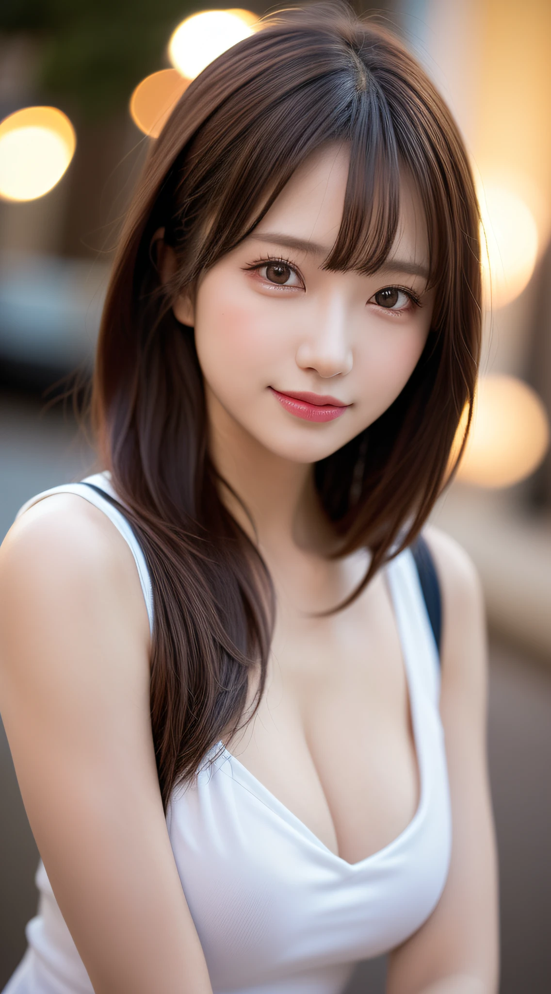 1girl in, (Best Quality:1.4), (Ultra-detailed), (Detailed light), (extremely detailed beautiful face), Amazing face and eyes, Brown hair, Brown eyes, i'I use a cane on my cheek、Beautiful sheer lace details, Beautiful breasts, Glowing eyes, Glossy lips, seducting smile, Best Quality, extremely detailed CG unified 8k wallpaper, High-definition raw color photos, professional photograpy, Dynamic lighting, (((Bokeh))), depth of fields,