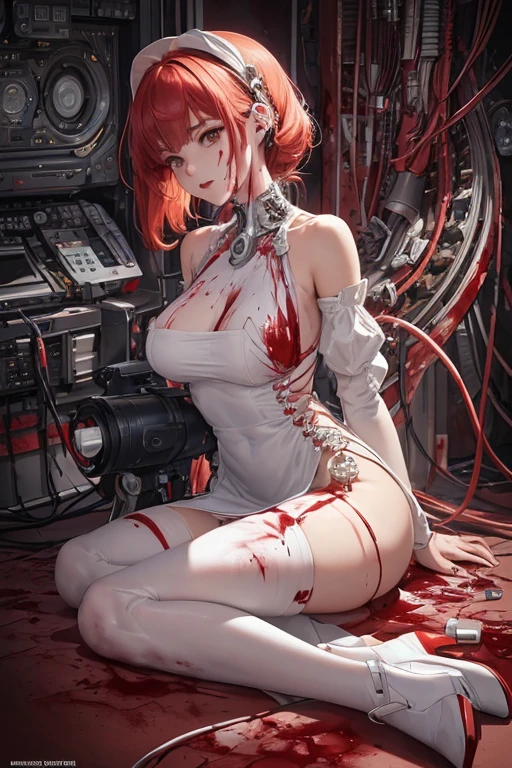 (masterpiece, top quality, best quality, official art, beautiful and aesthetic:1.2), (1girl:1.3), extreme detailed, colorful, highly detailed ((ultra-detailed)), (highly detailed CG illustration), ((an extremely delicate and beautiful)),(from side),cinematic light,((1mechanical girl)), solo, full body,(machine made joints:1.2),((machanical limblood vessels connected to her mechanical vertebra),((mechanical cervical attached to her neck)),(sitting attached to a huge Canon),expressionless,(wires and cables attaching to neck:1.2),(wires and cables to her head:1.2)(character focus), wearing a translucent white dress, wearing visor glasses, {{{holding a gun on her left hand}}}, short light red hair, science fiction, computers and screens background (Matrix style),(blood:1.5), SFW