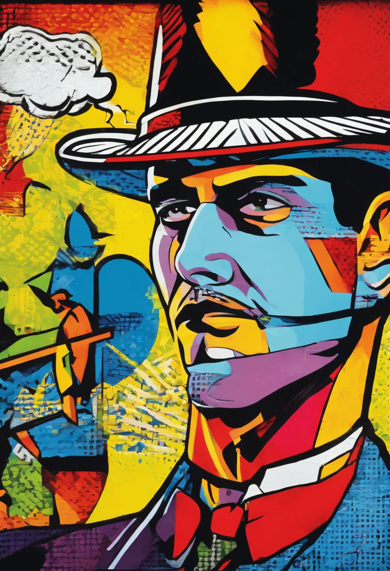 a painting of an old school detective, private eye, hat, smoking, close up, Roy Lichtenstein style, no hands