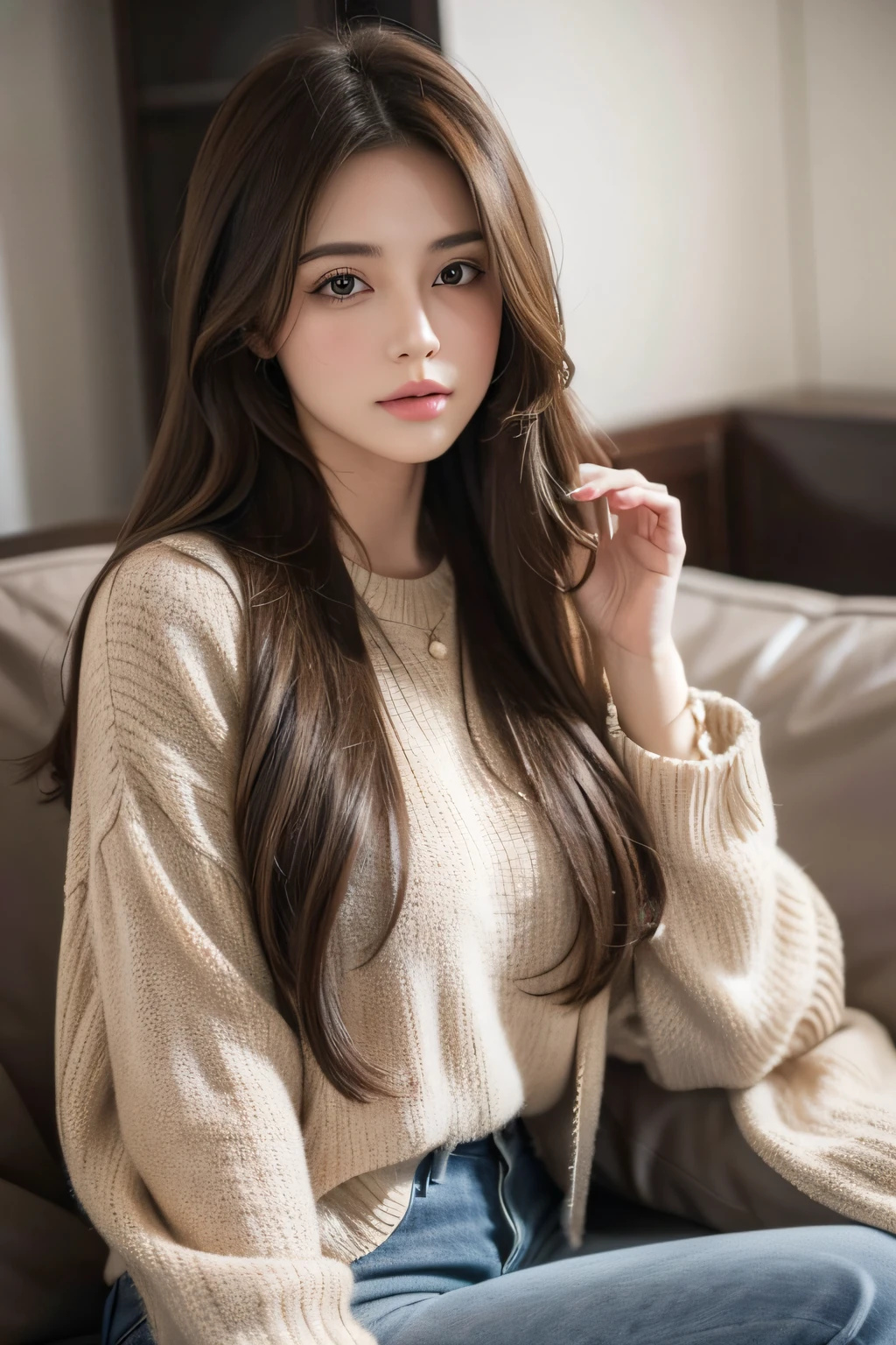 highest quality, masterpiece, 8k, Ultra-high resolution, (Realistic: 1.4), 1 girl, Beautiful Face, Symmetrical eyes, big, Perfect Body Proportions, ((Long Hair))、((Brown Hair)), The viewer&#39;s gaze, Blurred Background, Front view, Absolute area (1.3),A kind smile、Seems kind、Cowboy Shot,shy smile,full figure supermodel standing, entire body in frame、((wearing Floral blouse :1.3))、((wearing blue flared mini skirt:1.3)),