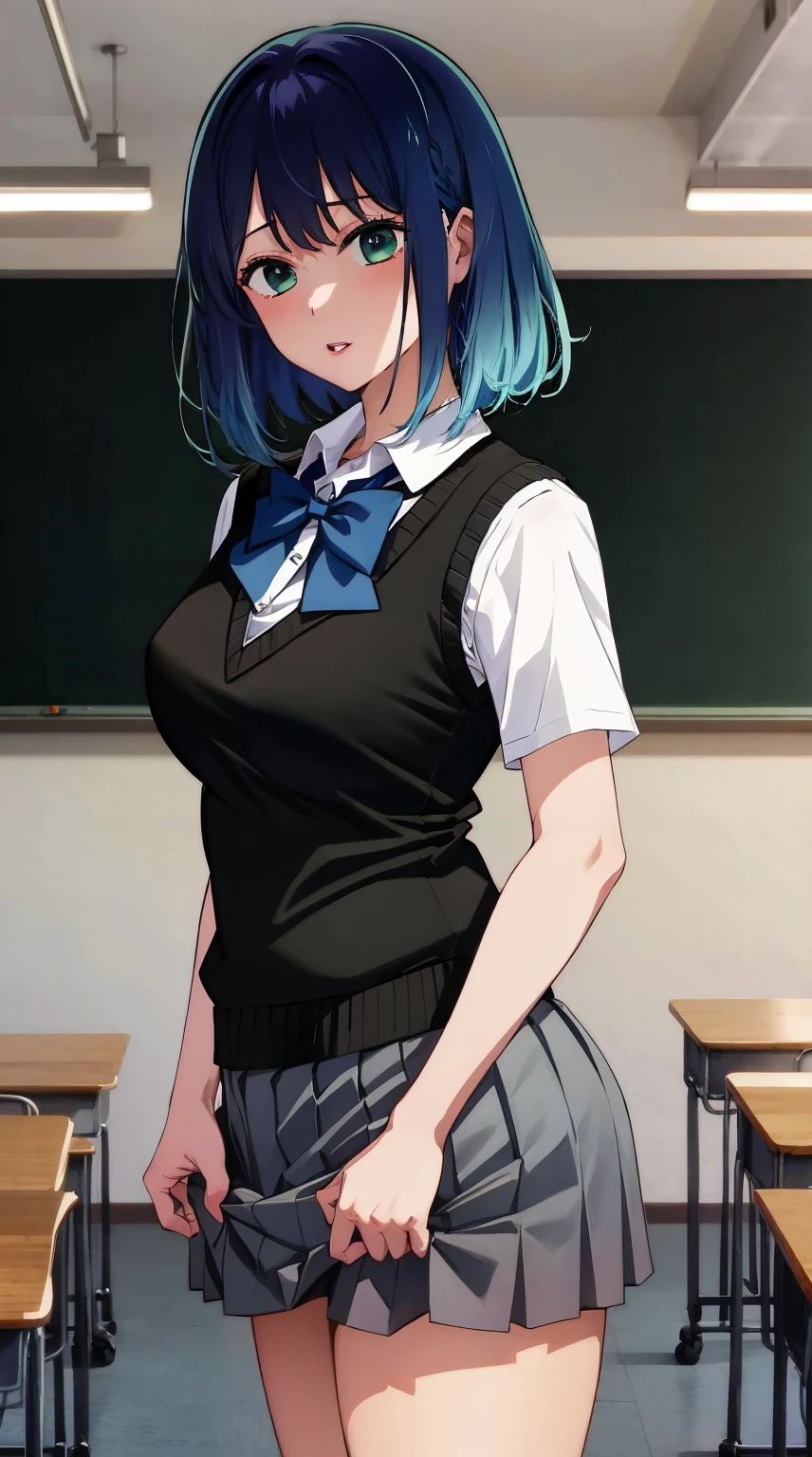 tall Good Style high-level image quality masutepiece, Best Quality, hight resolution, 1girl in, Fumakane, Blue hair, Short hair, Gradient Hair, large full breasts, blue bowtie, Collared shirt, Black vest, Short sleeves, pleats a miniskirt, grey miniskirt, Cowboy Shot, Standing, Classroom thigh underwear NSFW POV Handjob Panties Solo++ Kiss with a man+++ (One Man:1.3) (xen:1.2)