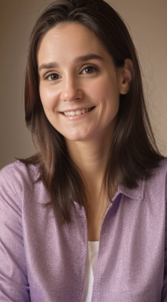 smiling woman with brown hair and a purple shirt and a brown jacket, stephanie welsh-katinka reinke-véronique meignaud-louise dalh wolfe-linn olofsdotter-jean james-sandra chevier-virginie ropars merged, entire body visible, full body, hyperrealistic, best quality, 8K, masterpiece, extremely intricate, detailed eyes, detailed face, detailed body, exaggerated features, pronounced features, fujifilm