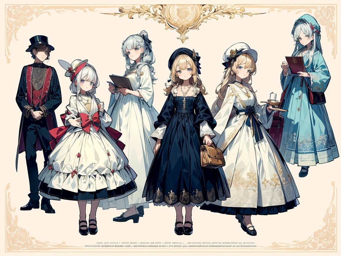 (Masterpiece, Best Quality) Detailed, Character Sheet, Lots of items (robes, necklaces, lace, Bows, Hats, bags, Shoes, fans, Decorations, many details), aristocratic girls, Gentle, Cute, Beautiful dresses, dinner parties, Full of Details, multiple poss and expressions, Highly detailed, depth, many details