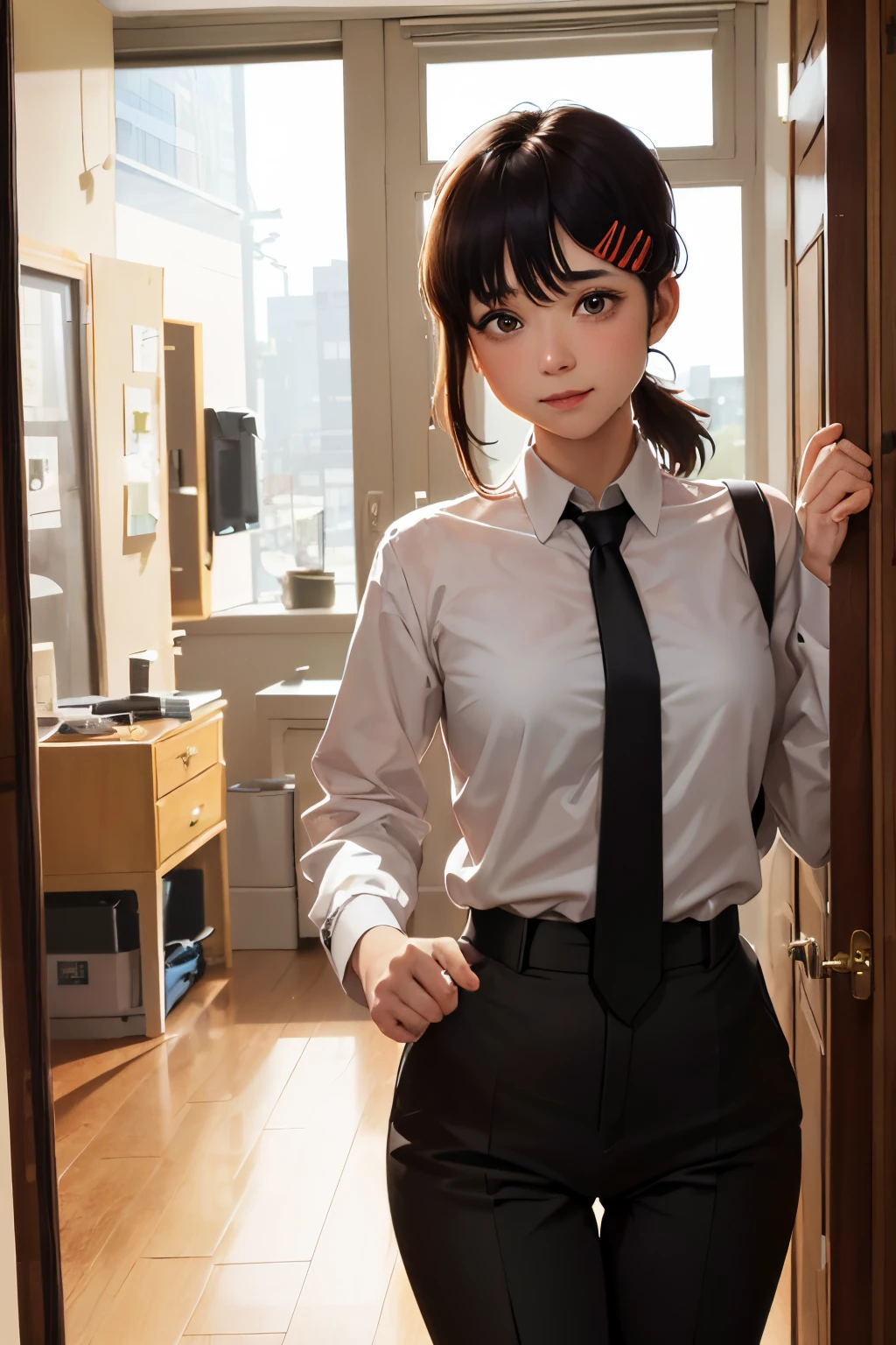 masterpiece, best quality, ultra-detailed, illustration, epic lighting, cinematic composition, isometric, 1girl, solo, cute, brown eyes, black hair, swept bangs, single sidelock, red hairclip, white collared shirt, black necktie, black pants, formal, enchanting gaze, captivating pose, indoors, office, door, opening door, looking at viewer, peeking out upper body, blush, seductive smile, closed mouth,(8k:1.1),