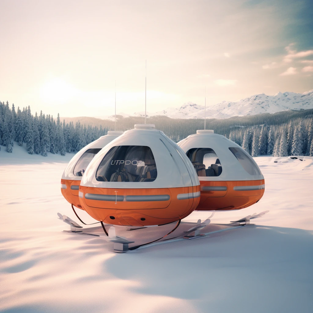 there are two orange and white snowmobiles sitting in the snow, inspired by Filip Hodas, inspired by Peter Elson, utopian space ship, in the art style of filip hodas, humans sleeping in healing pods, futuristic vehicle, retro spaceships parked outside, industrial futuristic  mine, futuristic vehicles, cryogenic pods, incubator medpods, floating vehicles