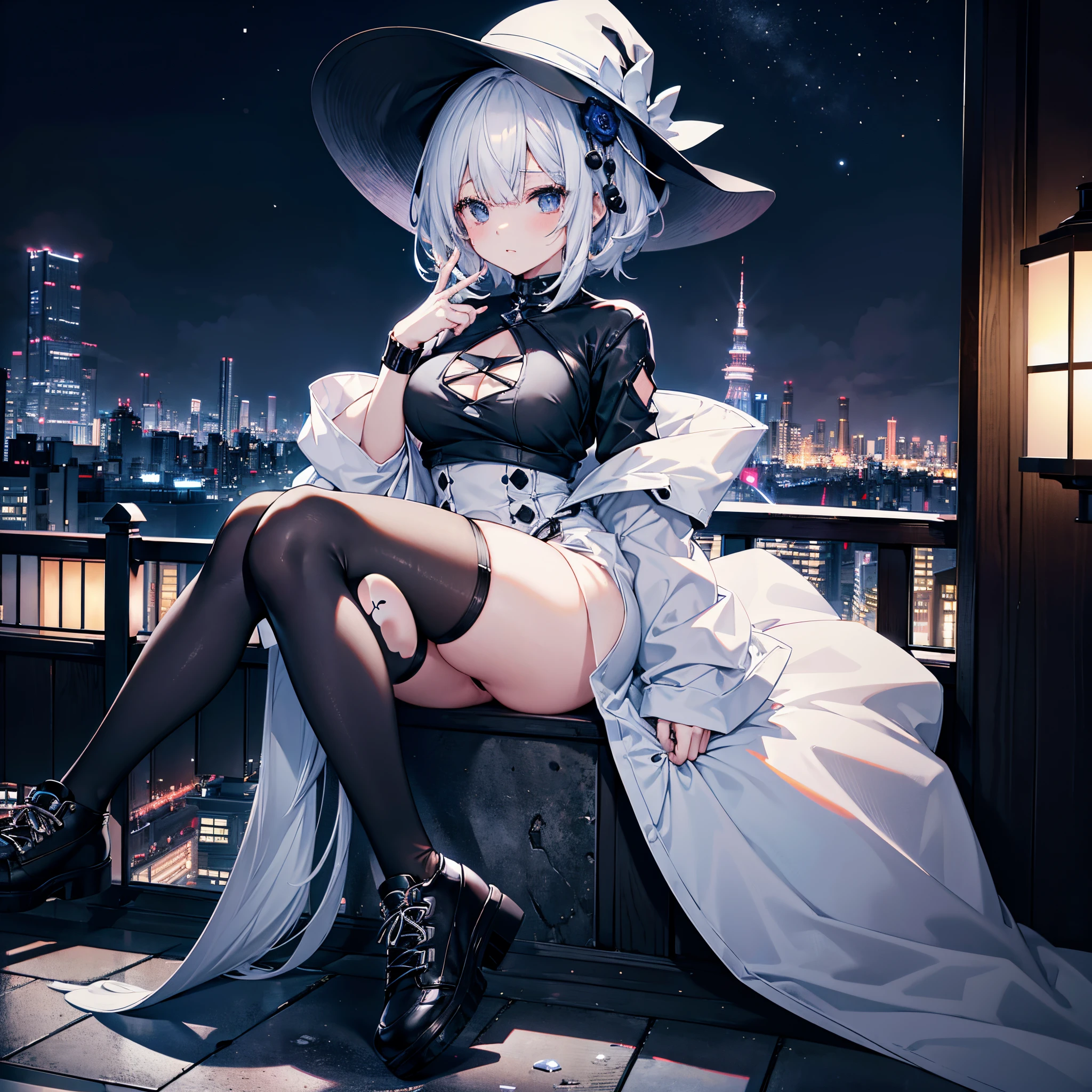An adult woman lingering on the roof of a building overlooking the night view of Tokyo and the sea.、She has white lob hair with a short bob and wears a large black witch hat with sapphire accessories.、her appearance is stylish、she is wearing a long black coat、I'm wearing a white T-shirt、Black long skirt、Black sneakers with white shoelaces、Black tights、Black Short Leggings、R18 Illustration、Eromanga、 illustration、Two-dimensional illustration、Japan Anime、drawn by Japanese ilastrator、high-level image quality、4K picture quality、High Quality、hight resolution、5 million pixels、High Details、uncensored