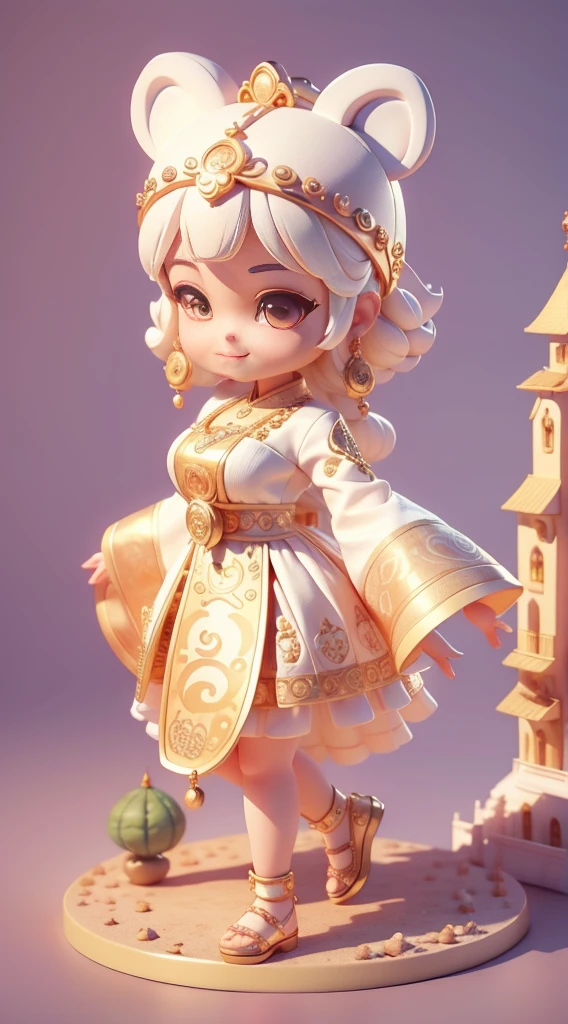 3D cartoon characters,A super cute panda with big eyes., Dress in white and gold ethnic style clothing., Lovely expression., Charming smile, very high details, Solid color backdrop, Exquisite, 3D Effects, blind box toy, Garage set, Ultra high precision, perfect lighting, OC renderer, blender, 10, super clear, Maximum noise reduction