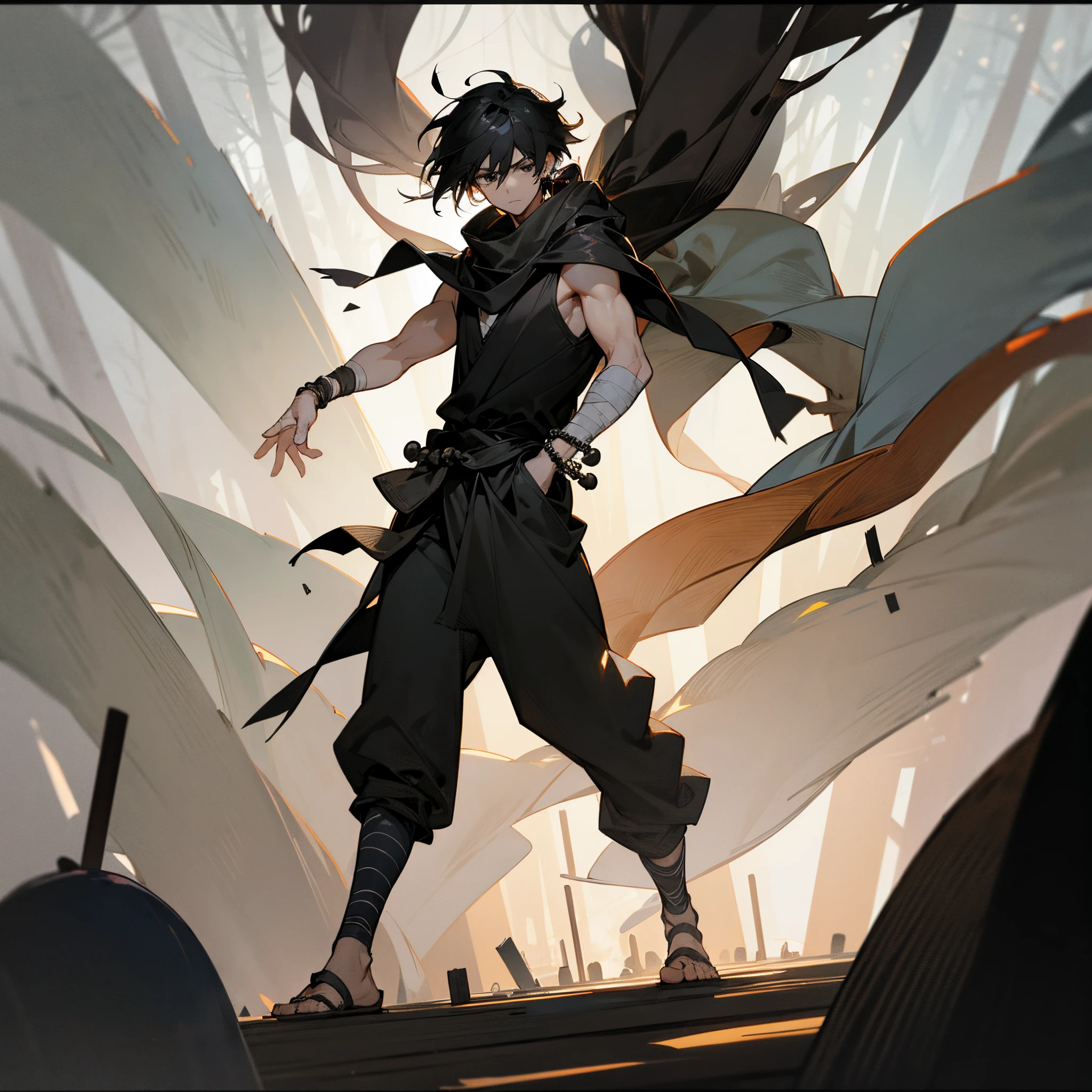 1male, messy medium length black hair, finely detailed black eyes, walking down path, bandages wrapped around arms, best light and shadows, posing with hands in pockets, sleeveless black shirt, poncho, prayer beads bracelet, dark forest, lanterns, somber expression