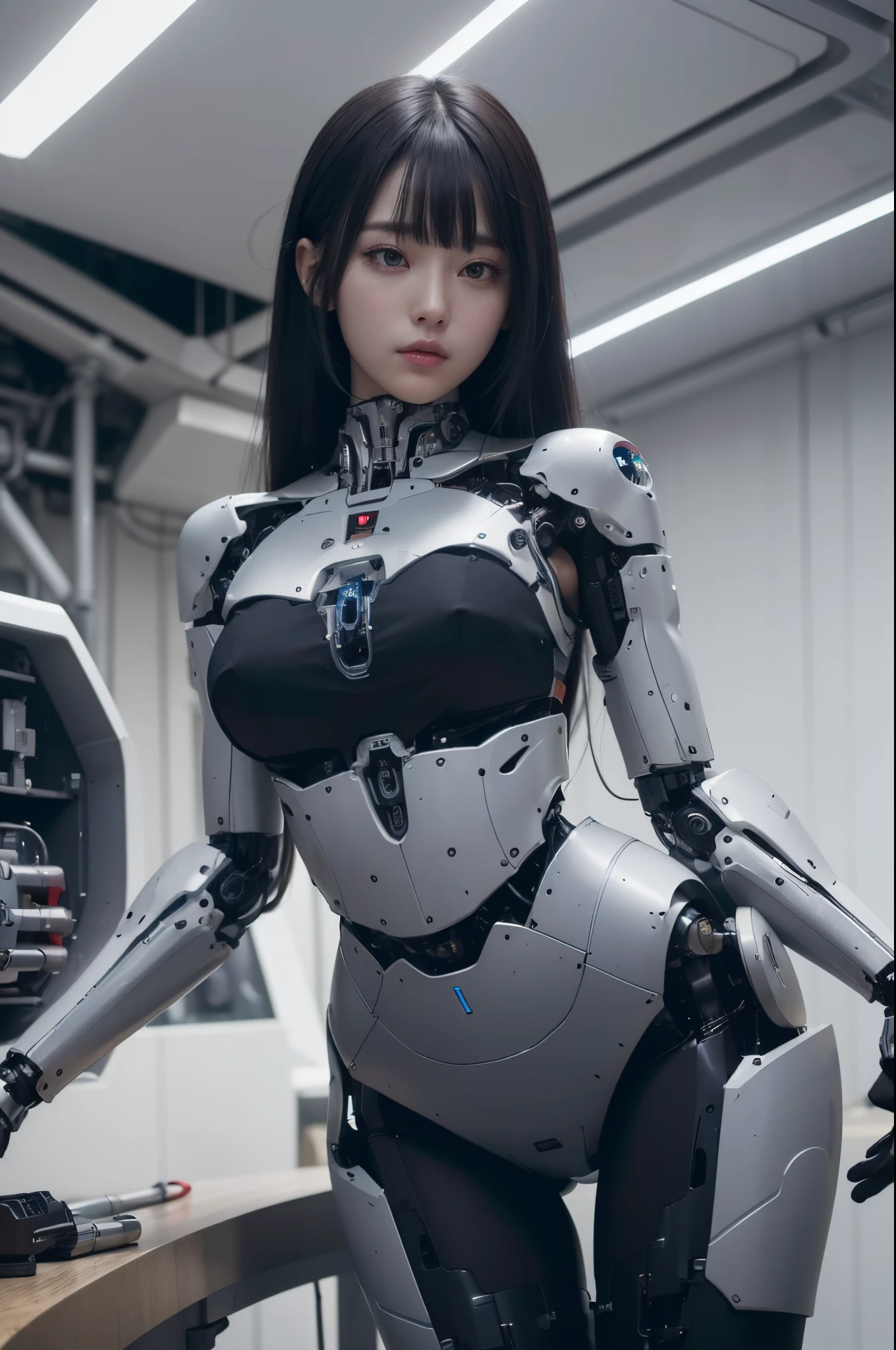 (photorealistic:1.4), (RAW photo)masutepiece, Best Quality, Extremely detailed, (Photorealistic:1.4), (8K, 4K, Best Quality, hight resolution, 超A high resolution:1.1), 8K portrait,1girl in, Japaese android girl,Plump , announcer,control panels,android,Droid,Mechanical Hand, ,Robot arms and legs, Black hair,Mechanical body,Blunt bangs,perfect robot woman,Charging spot,Long Tube,A thick cable was connected to her neck,metallic body ,Mechanical body,android,robot humanoid,a bit chubby,panty,full eyes,silver robotics body,future laboratory,metallic chest ,She has repaired,She has a socket between her legs,clothes with a sense of mechanical technology,android factory,robot factory,silver body,metallic body,black sponge joints