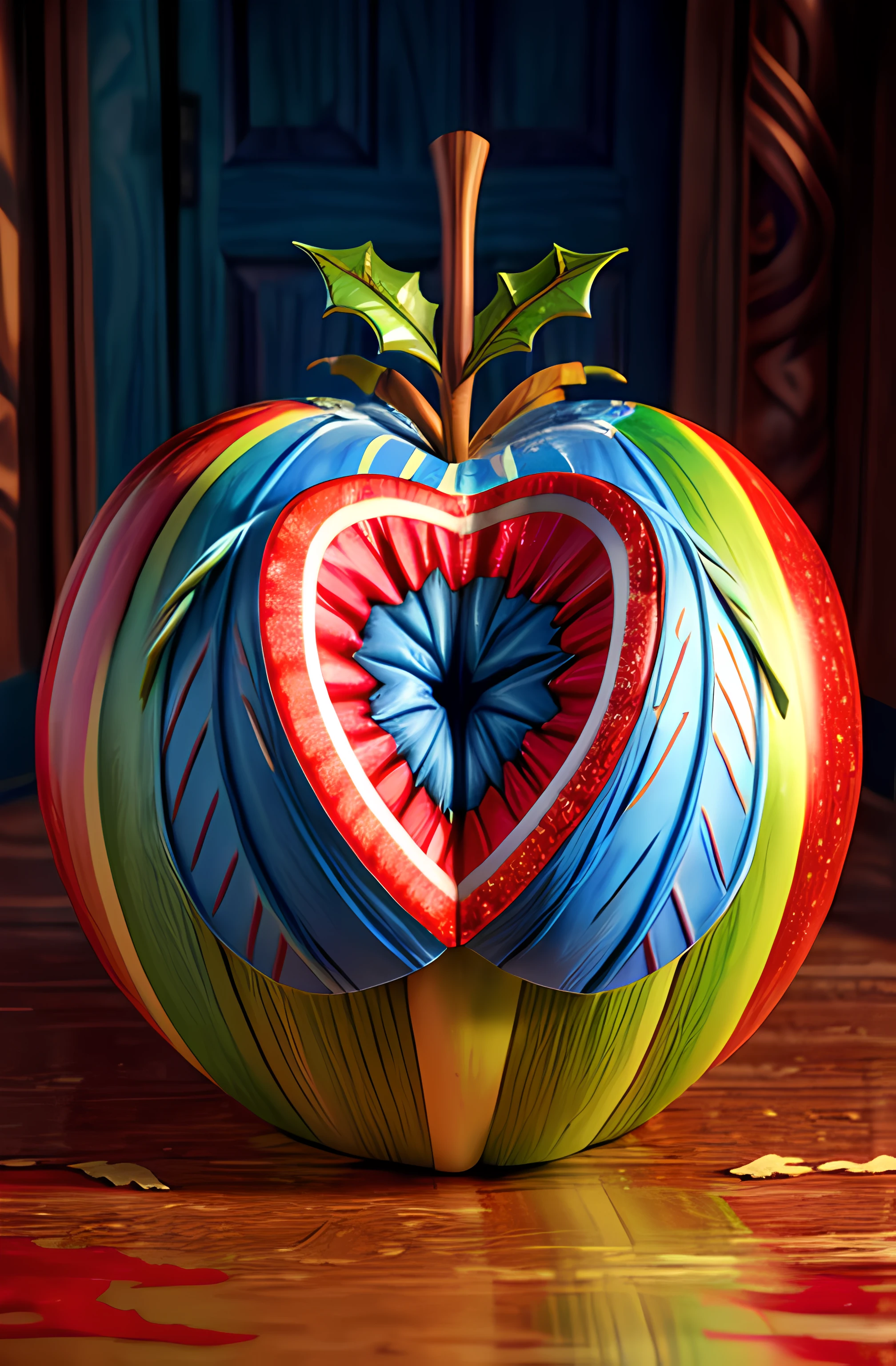 symmetrical wooden carved fruitynightmare apple, snow festive wood shavings, vibrant colorful wet paint, (Christmaackground blue octane render, unreal engine, highly detailed, intricate, highres high saturation
