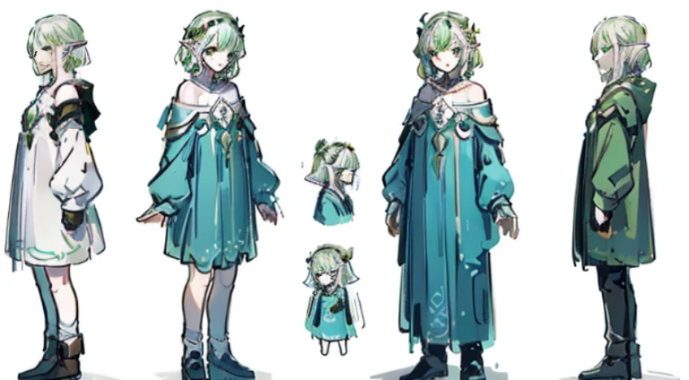 Video game character design, Drawing with Line Drawing, Multiple points of view, Best Quality,Masterpiece,hight resolution, elf, ((character concept art)), Video game character design, Detailed man with pale skin,Medium Hair, Druid, half-elf ,Dressed as a druid,illustartion,Realistic,Harmonious colours,natural lighting, Green clothes, white colored hair, curly hair