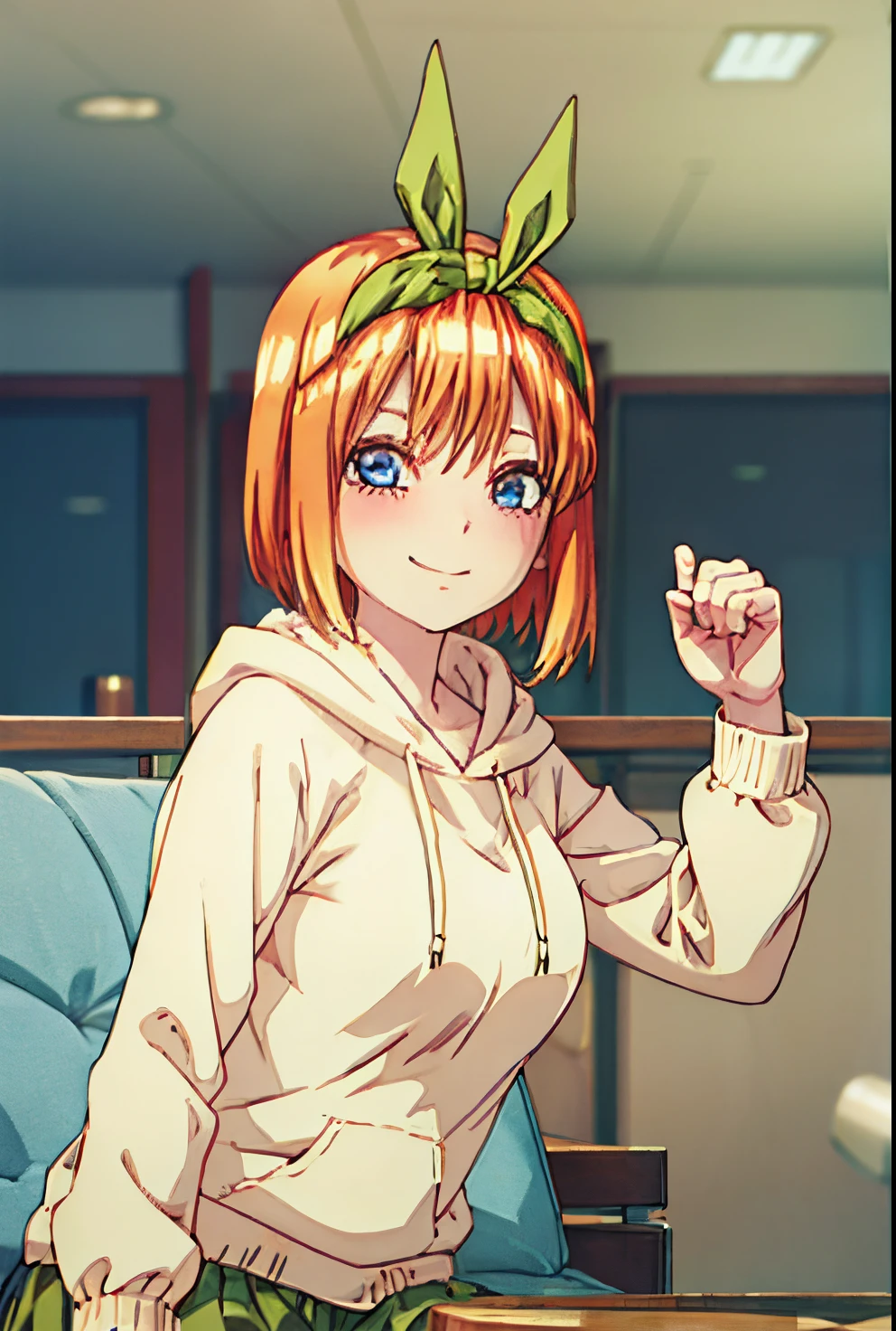 (masutepiece), A sexy、Natural light, Photorealistic, Cameltoe, diffuse glow, depth of fields, big eye、profetional lighting、headband is green、Hair is orange、Hairstyle is short bob Yotsuba Nakano、yellow long sleeve hoodie、huge smile、The background is my dining room..、Turning a blind eye、my fist is clenched、huge smile、