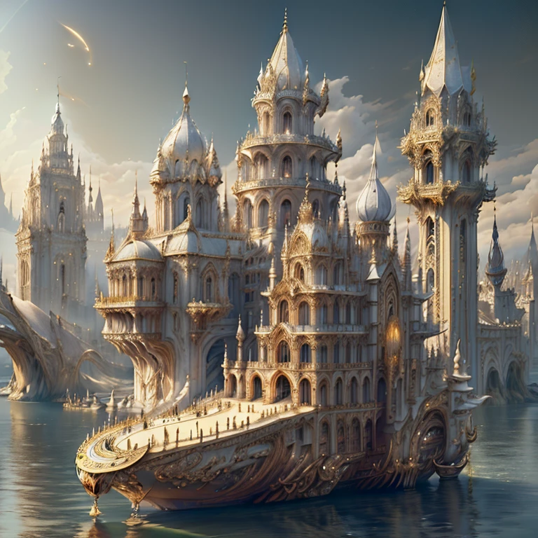 ((((Masterpiece)), Ivory Gold AI City at Night, Isometric, 3D rendering, Very high definition, High detail, There is a big clock on a plate in the water, gorgeous spaceship painting, 4K highly detailed digital art, gorgeous gilded space machine, golden steampunk city atmosphere, fantasy. gondola boat, shocking fantasy 3d rendering, futuristic persian palace, fantasy highly detailed, beautiful detailed fantasy, futuristic palace, detailed fantasy digital art, magic fantasy highly detailed