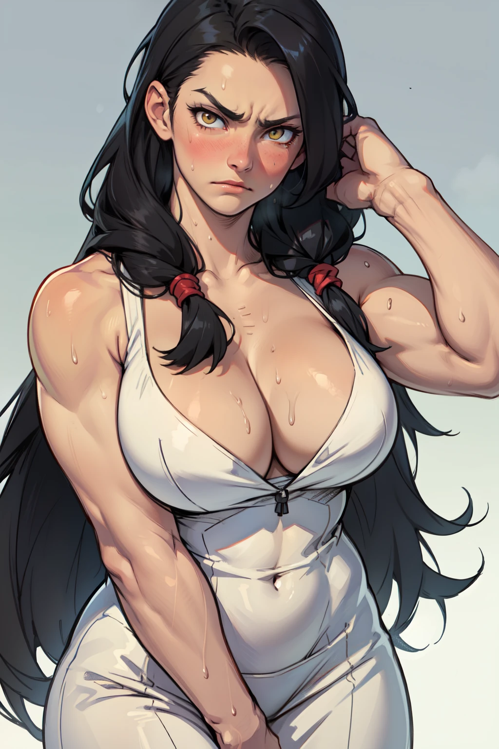 muscular black hair yellow eyes pale skin girl sad cleavage breasts blushing frown sweaty long straight hair long straight hair