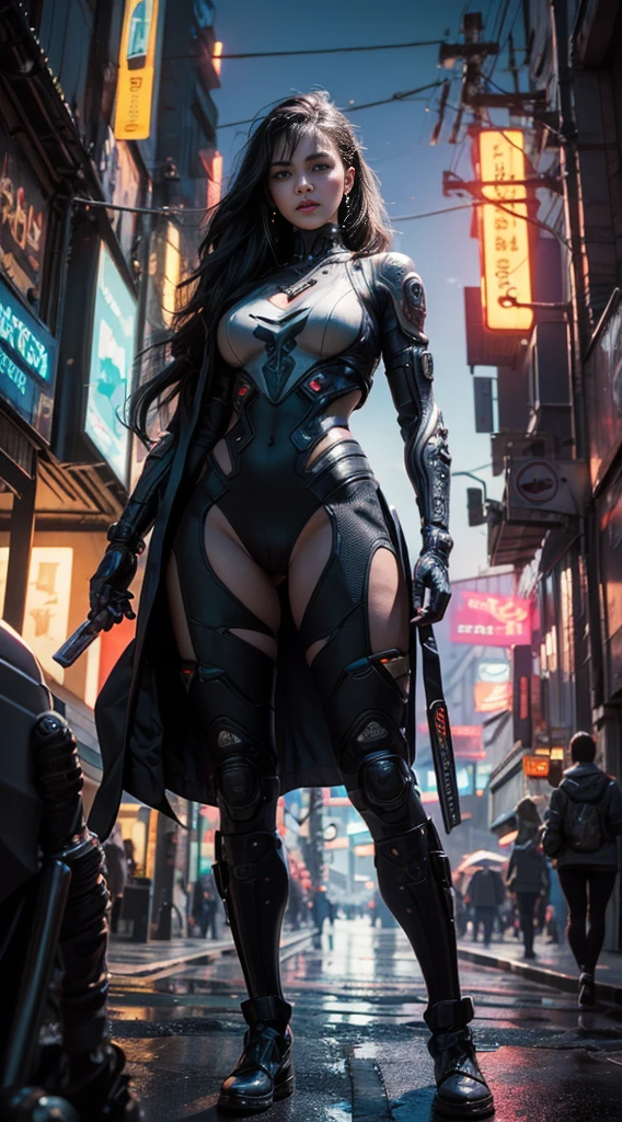 Beautiful photo of Reika Shimohira as a ((Cyberpunk girl)), ((long fringed shapeless hairstyle)), colorful, slender body, (full length shot), (dynamic pose), science fiction, ((futuristic cyberpunk Blade Runner city in the background)), Gantz, Cyberpunk 2077, Ultra realistic photo, masterpiece, best quality, CG, wallpaper, HDR, high quality, high-definition, extremely detailed, {beautiful detailed face}, {beautiful detailed eyes}, (detailed light){{intricate detail}}, {highres}, ((detailed face)), neon light, chiaroscuro, key visual, intricate detail, highly detailed, breathtaking, vibrant, cinematic lighting, 18+, Nsfw
