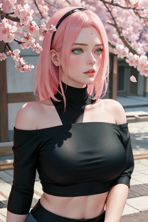 masterpiece, absurdres, sakura\(boruto\), 1girl, solo,mature female, Off-shoulder black knit crop top, looking at viewelling petals), perfect composition, detailed lips, big breast, beautiful face, body propotion, blush, (pink lips), long hair, green eyes, soft gaze, super realistic, detailed, photoshoot, realistic face and body