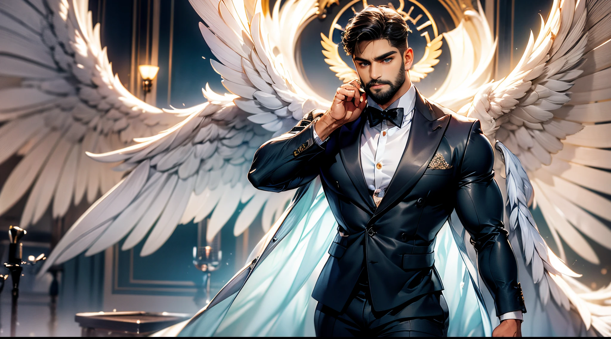 (best quality,ultra-detailed,realistic:1.37), Daegan Tronos Character(1), handsome, dark skin, dark-tanned, perfect wings angel, symmetrical wings,blue eyes,small beard, medium-long haircut,casual outfit, urban italian clothing, trench coat, man stance, attractive,vibrant colors, modern long outfit, fight punch pose, epic wallpaper.