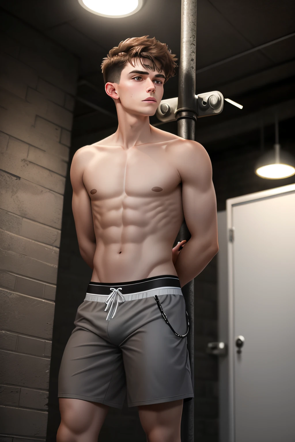 young man, 25 years old, very short brown hair, deep set eyes, jock, shirtless, grey boxer briefs, bondage, arms tied behind back, tied to a pole, standing, whole body shot, side view, looking up, grimace, pain, dungeon