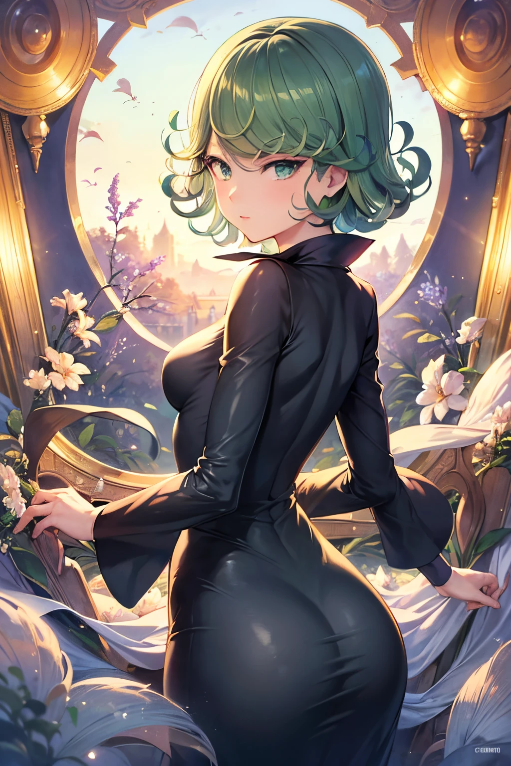 (masterpiece), delicate, extremely detailed, (watercolor), blooming, illustration, (1girl:1.4), (solo:1.2), (beautiful eyes), (shiny eyes), Studio Quality, Fisheye Lenest quality, glowing light, blushed, glistening, shiny skin, ultra detailed),detailed background, complex background,(perfect face, detailed face, detailed eyes,perfect hands,perfect fingers), ((8k wallpaper)) ,cowboy shot, tatsumaki, ,black dress, blue sky, clouds, short, _baby, short_hair