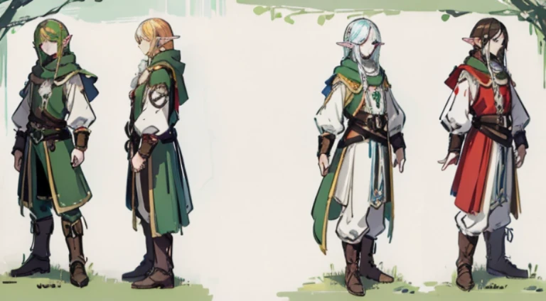 Video game character design, Drawing with Line Drawing, Multiple points of view, Best Quality,Masterpiece,hight resolution, elf, ((character concept art)), Video game character design, Detailed man with pale skin,Medium Hair, Druid, half-elf ,Dressed as a druid,illustartion,Realistic,Harmonious colours,natural lighting, red vest, white shirt, dark hair