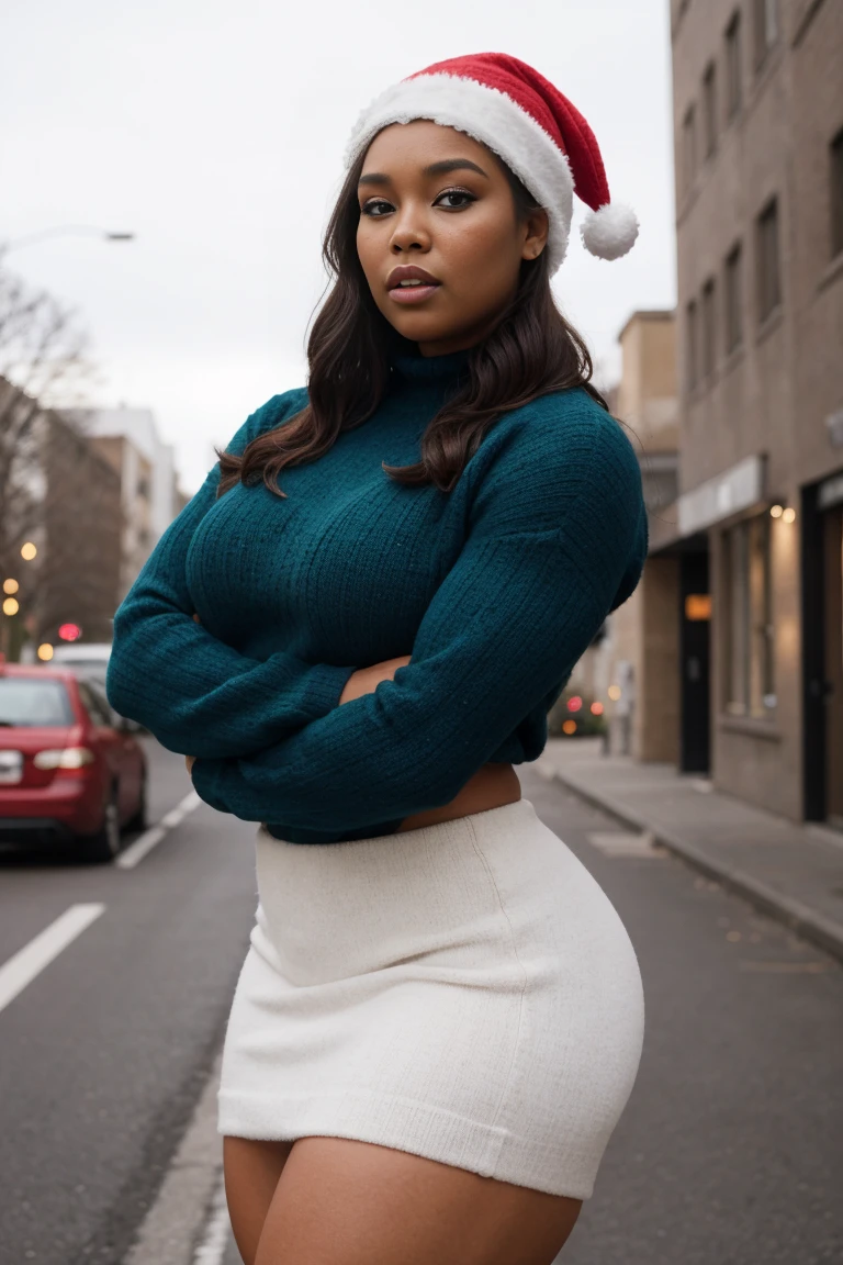 Lizzo , Generate a full length fashion portrait of a heavily muscled iff pro female bodybuilder , her makeup, hair, she is dressed in a tight fluffy woolen sweater, tight miniskirt, white knee high socks, xmas hat, lighting, environment