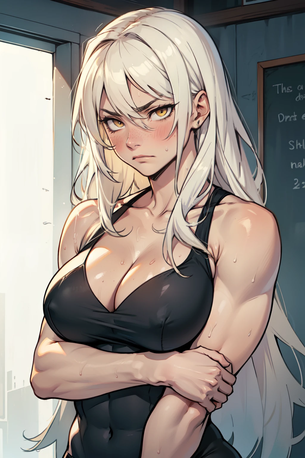 muscular yellow eyes pale skin girl sad cleavage breasts blushing frown sweaty long straight hair long straight hair